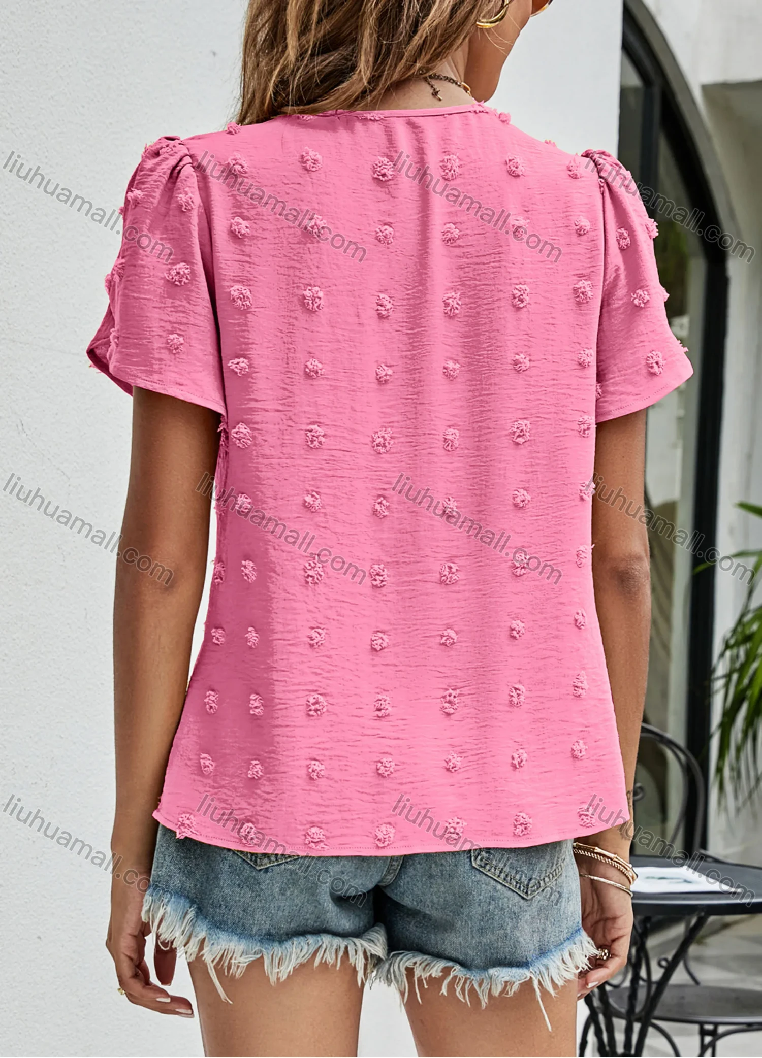 Wholesale Women's Casual Plain Swiss Dot Round Neck Short Sleeve Blouse 2340# - Liuhuamall