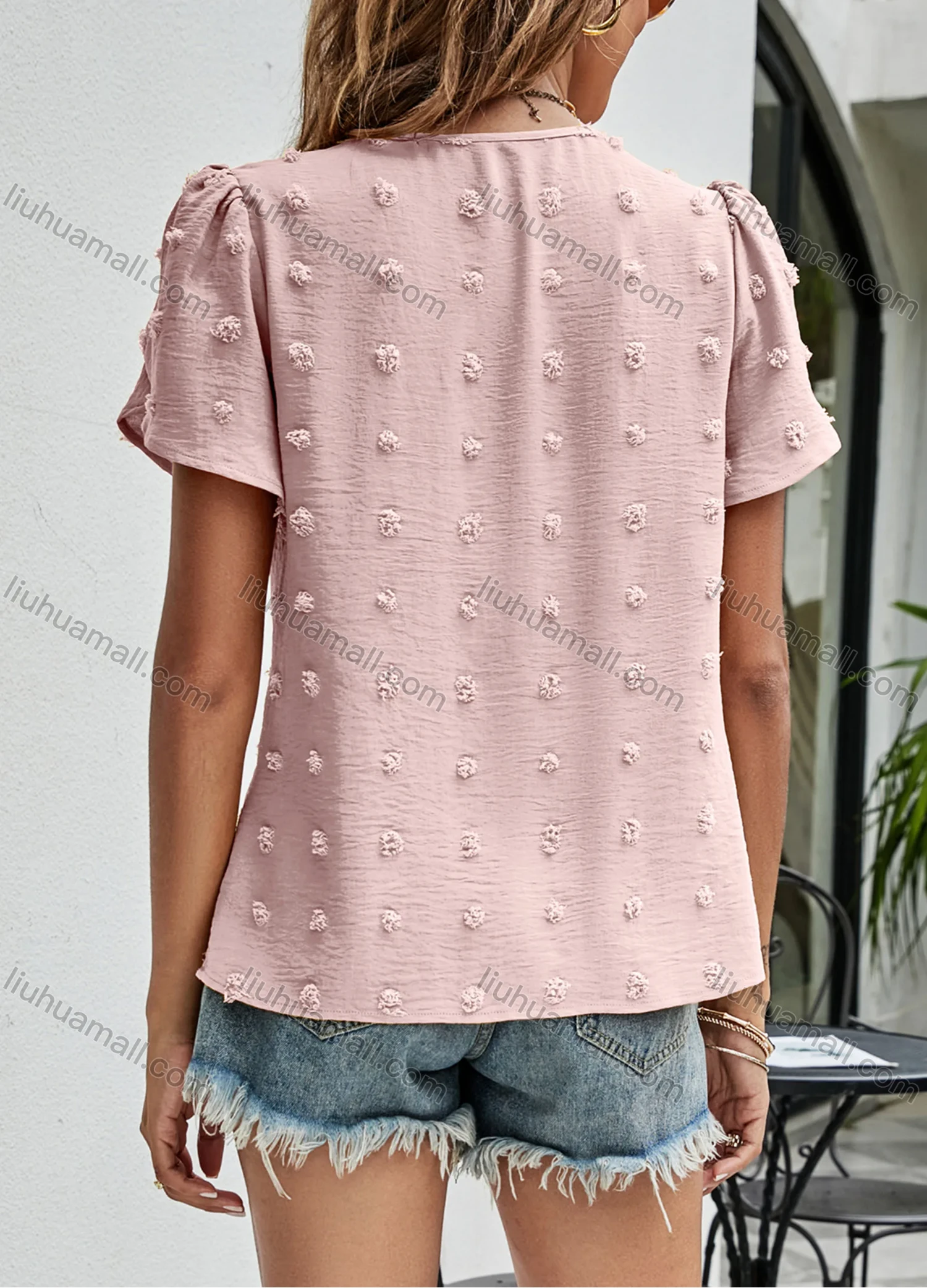 Wholesale Women's Casual Plain Swiss Dot Round Neck Short Sleeve Blouse 2340# - Liuhuamall