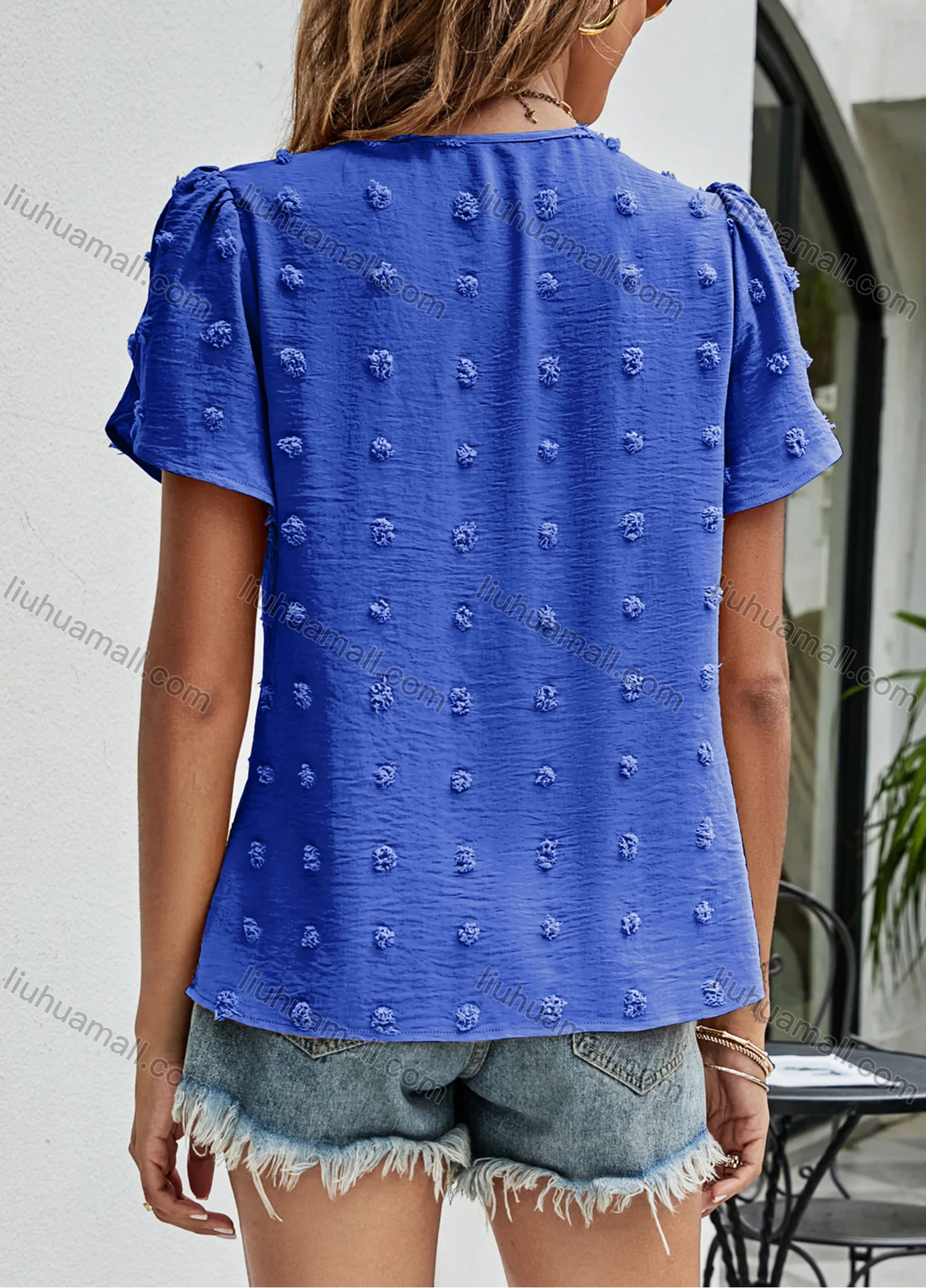 Wholesale Women's Casual Plain Swiss Dot Round Neck Short Sleeve Blouse 2340# - Liuhuamall