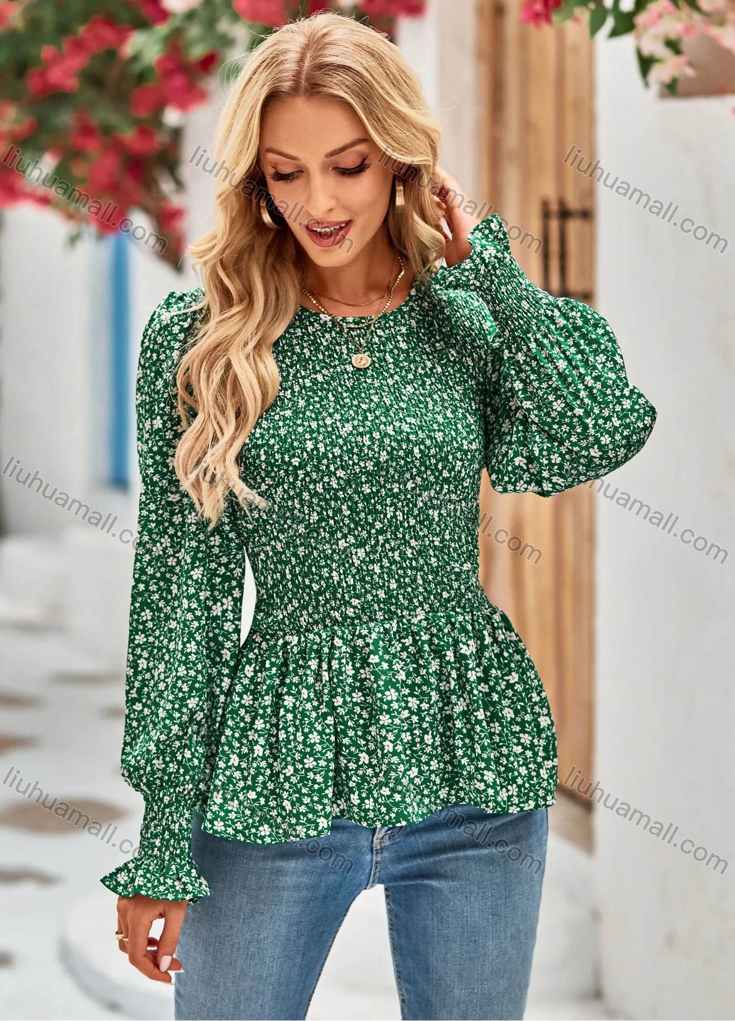 Wholesale Women's Casual Allover Print Round Neck Long Sleeve Shirred Ruffle Hem Blouse 8137# - Liuhuamall