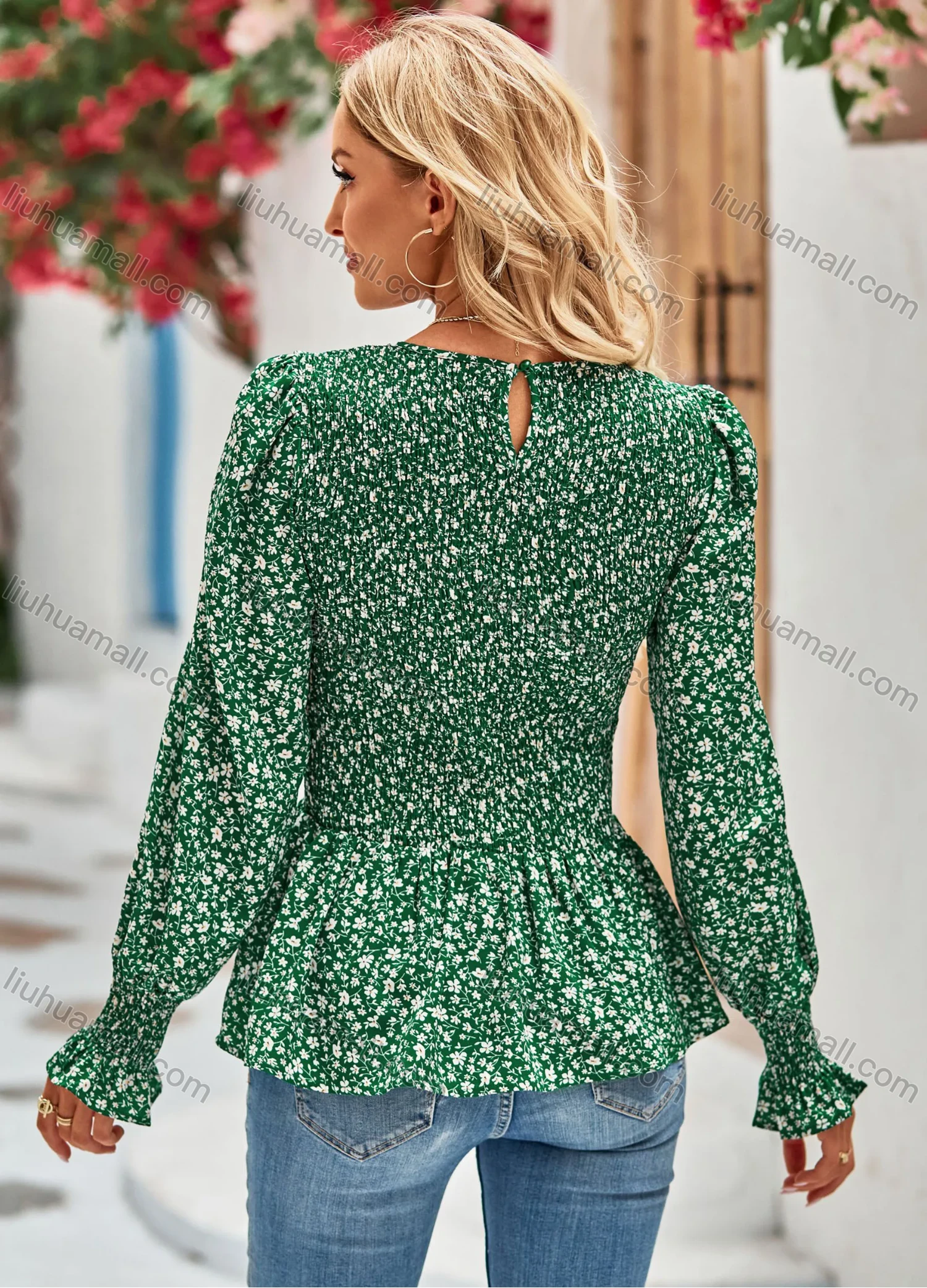 Wholesale Women's Casual Allover Print Round Neck Long Sleeve Shirred Ruffle Hem Blouse 8137# - Liuhuamall