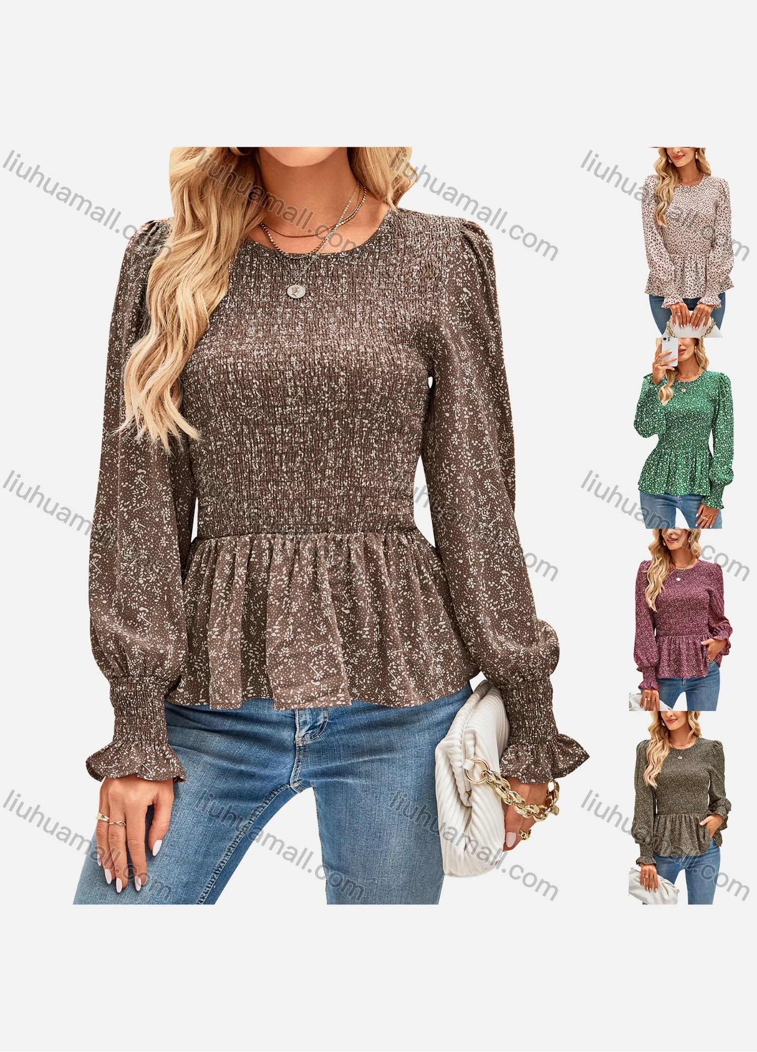 Wholesale Women's Casual Allover Print Round Neck Long Sleeve Shirred Ruffle Hem Blouse 8137# - Liuhuamall