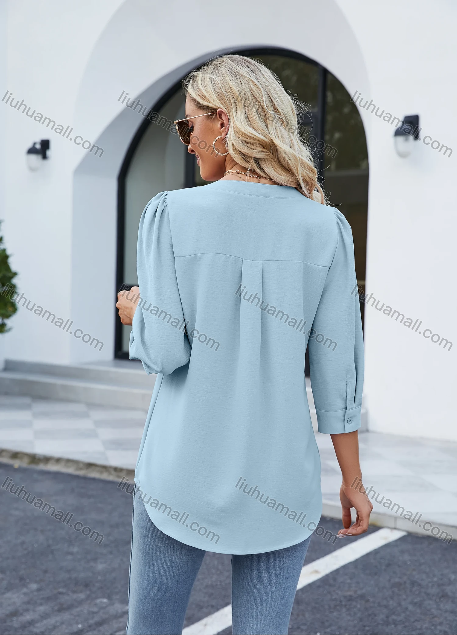 Wholesale Women's Casual Plain Notched Neck 3/4 Sleeve Curved Hem Blouse 8150# - Liuhuamall