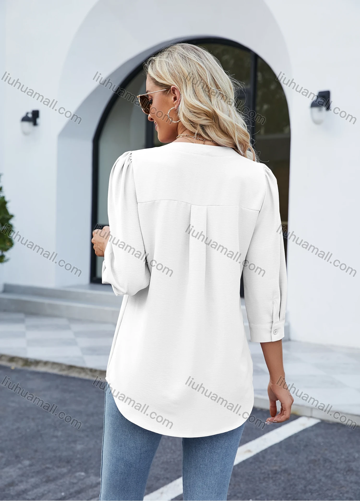 Wholesale Women's Casual Plain Notched Neck 3/4 Sleeve Curved Hem Blouse 8150# - Liuhuamall