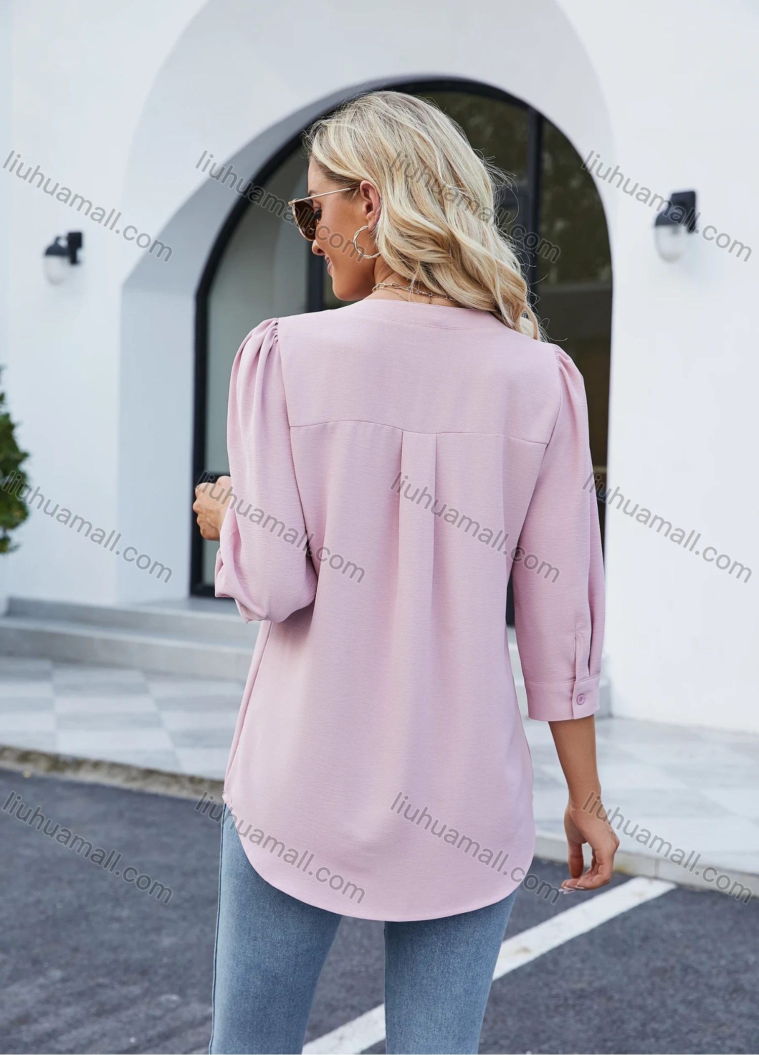 Wholesale Women's Casual Plain Notched Neck 3/4 Sleeve Curved Hem Blouse 8150# - Liuhuamall
