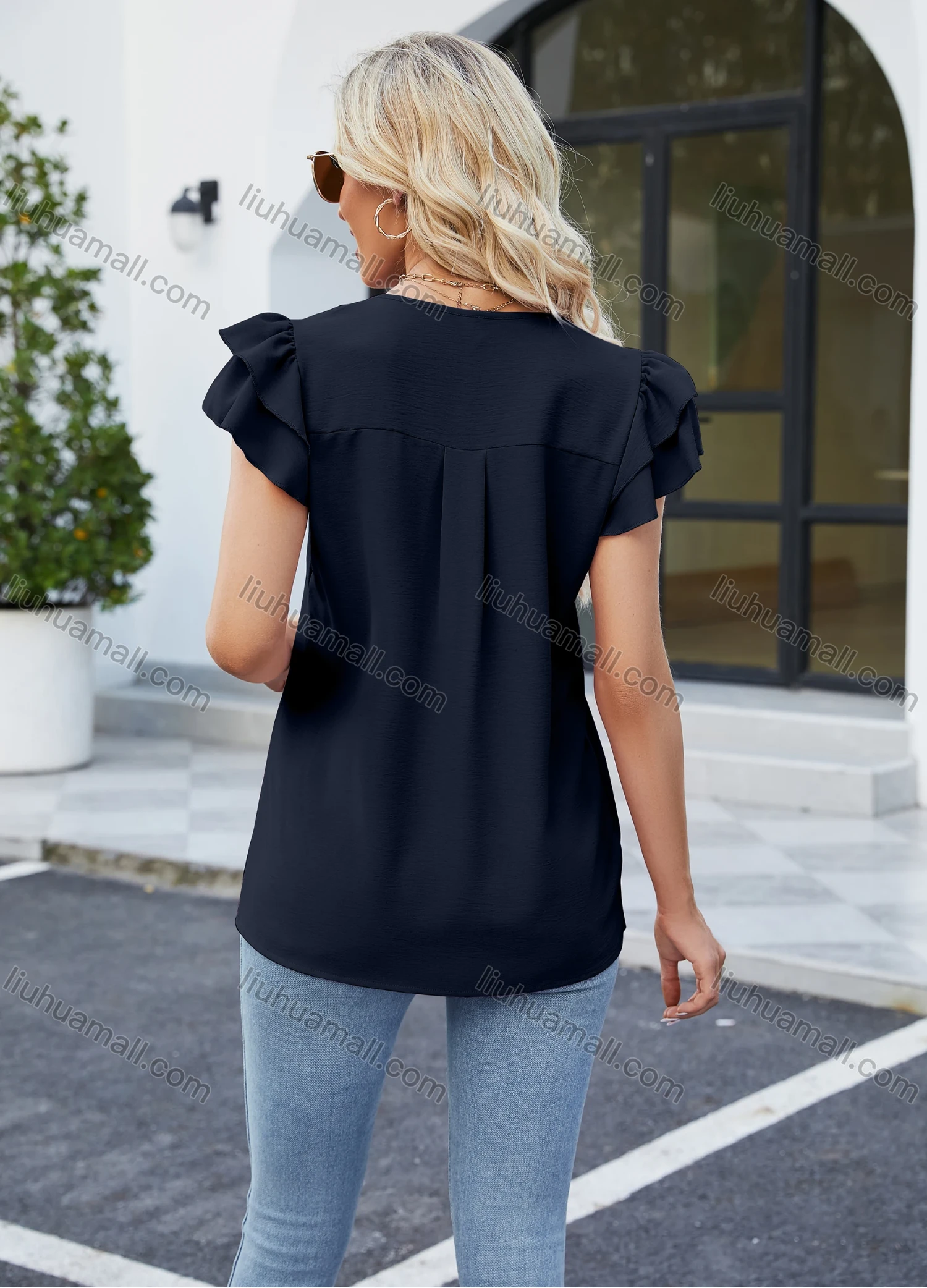 Wholesale Women's Casual Plain V Neck Short Sleeve Blouse 8151# - Liuhuamall