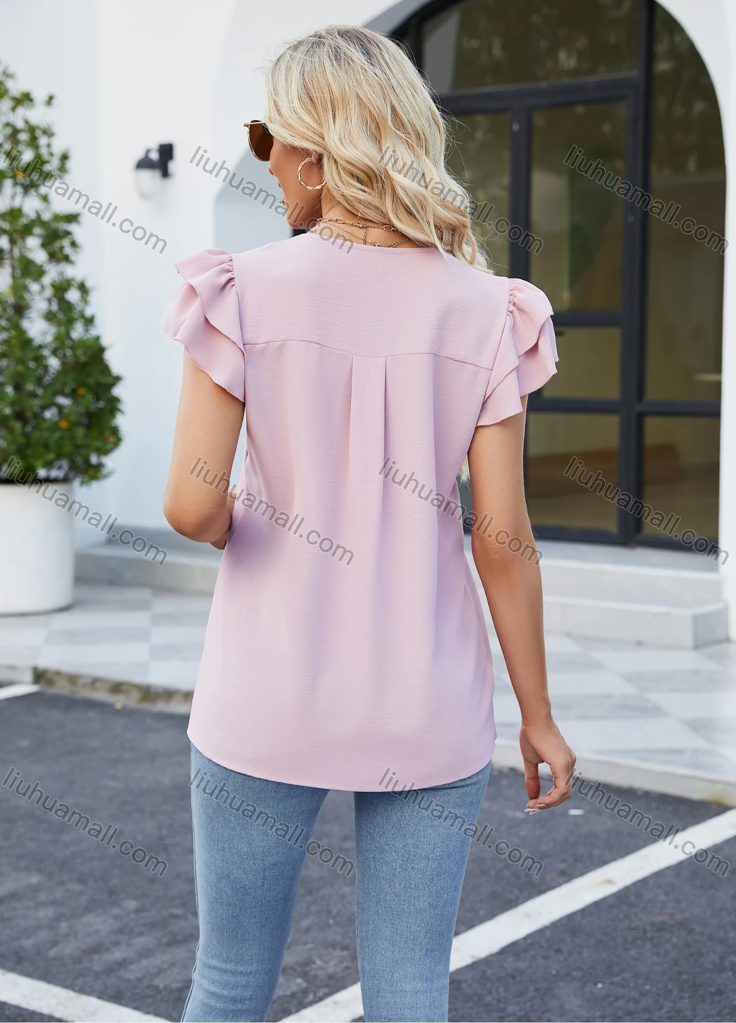 Wholesale Women's Casual Plain V Neck Short Sleeve Blouse 8151# - Liuhuamall