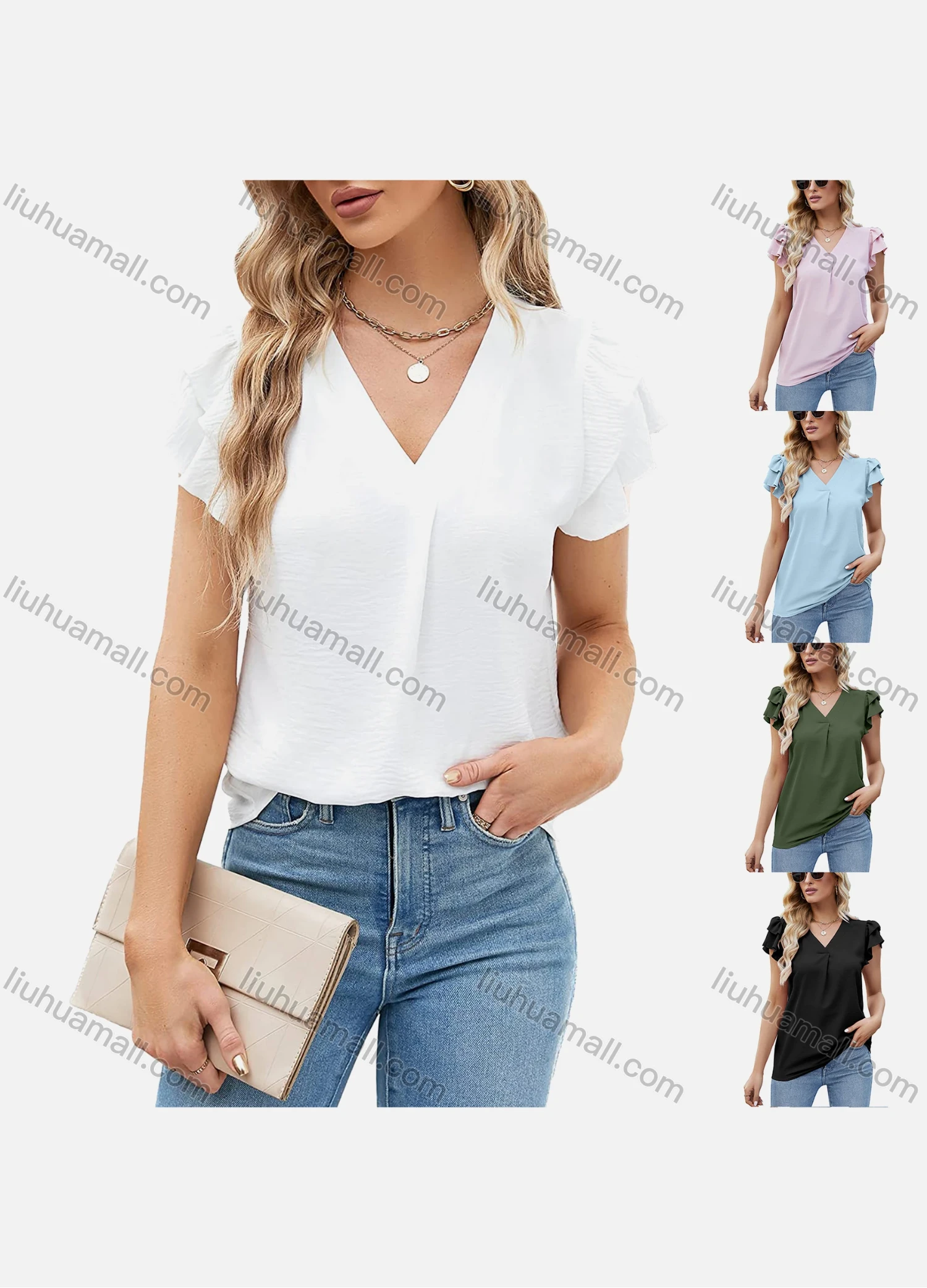 Wholesale Women's Casual Plain V Neck Short Sleeve Blouse 8151# - Liuhuamall