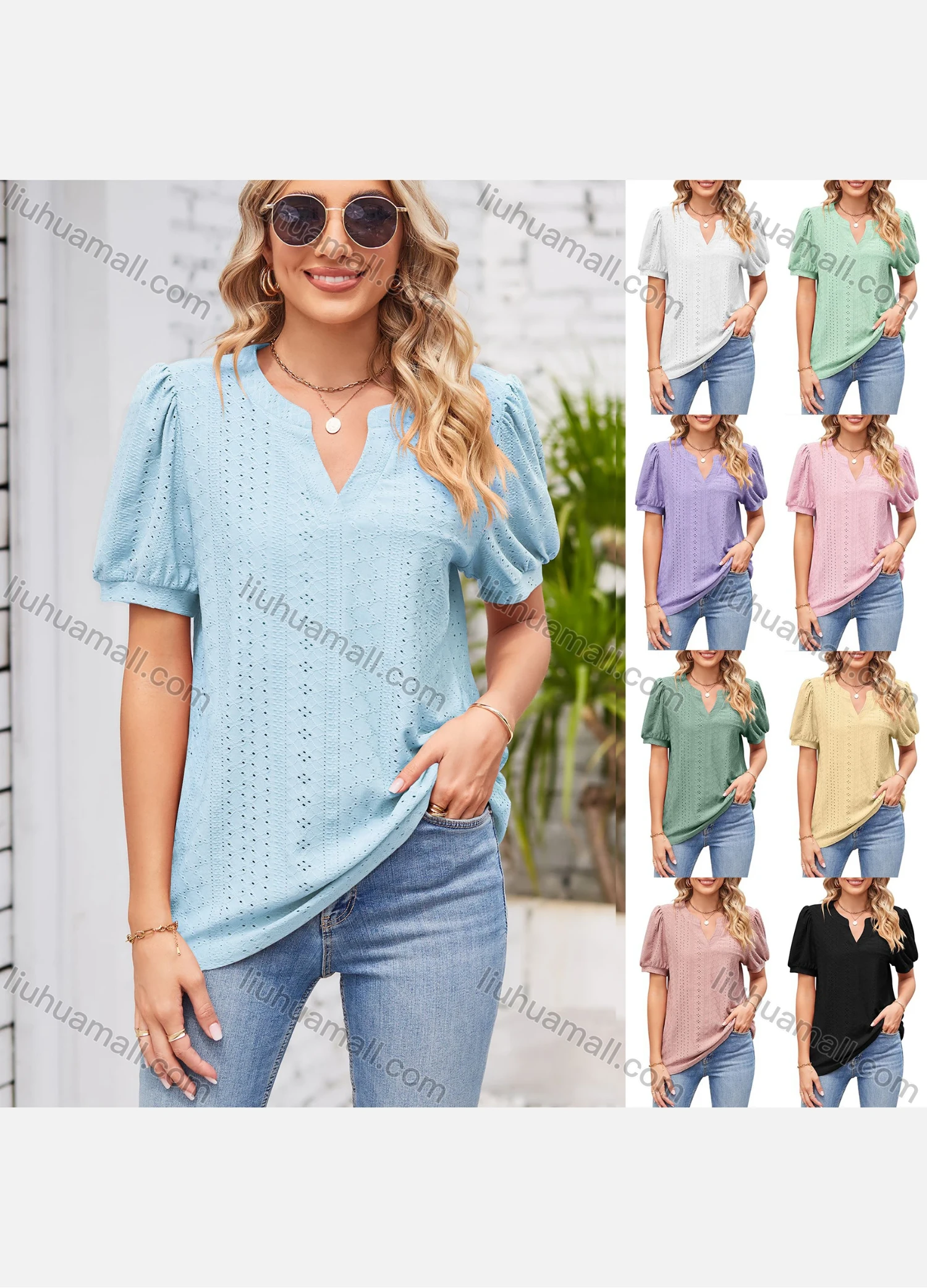 Wholesale Women's Casual Plain Notched Neck Short Sleeve Blouse 8152# - Liuhuamall