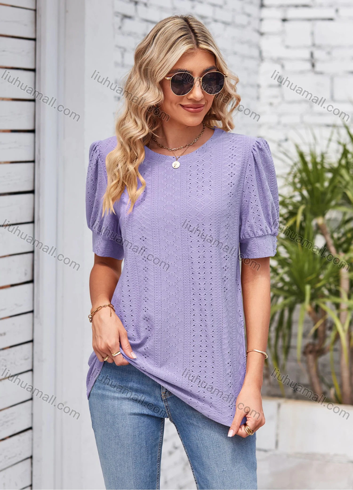 Wholesale Women's Casual Plain Round Neck Short Sleeve Blouse 8153# - Liuhuamall