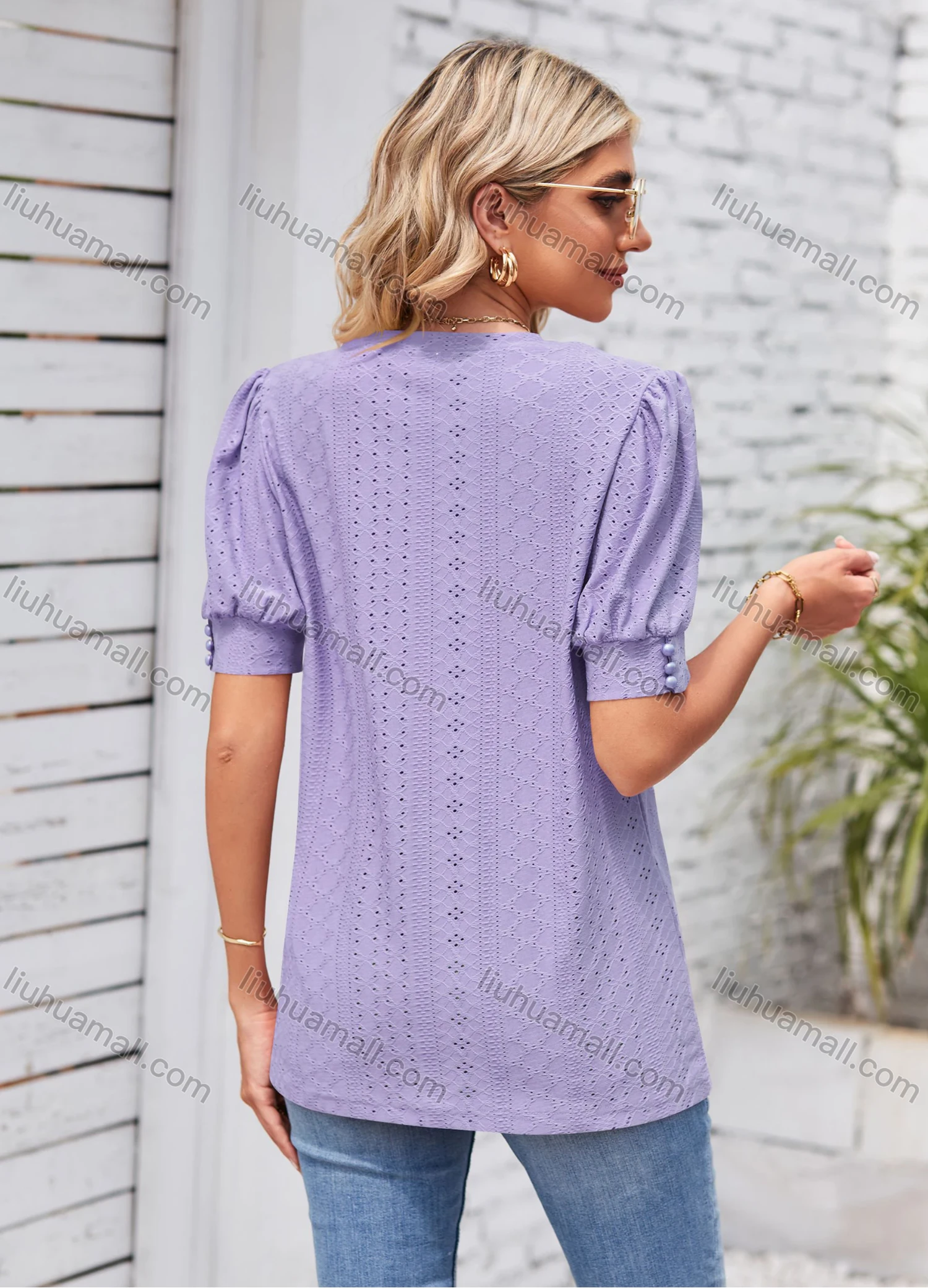 Wholesale Women's Casual Plain Round Neck Short Sleeve Blouse 8153# - Liuhuamall