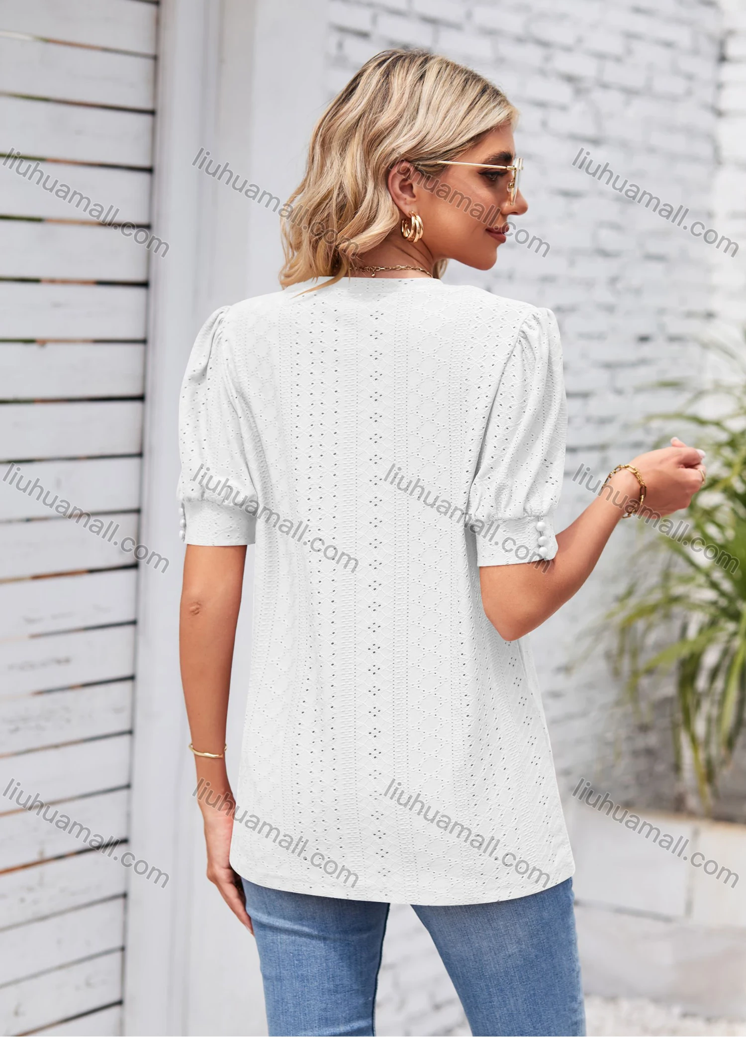 Wholesale Women's Casual Plain Round Neck Short Sleeve Blouse 8153# - Liuhuamall
