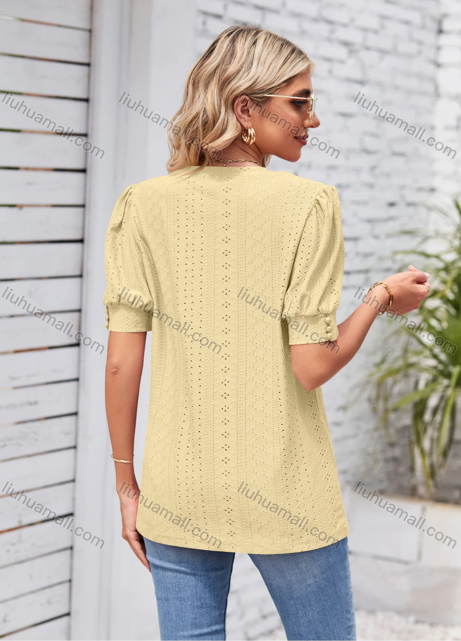 Wholesale Women's Casual Plain Round Neck Short Sleeve Blouse 8153# - Liuhuamall