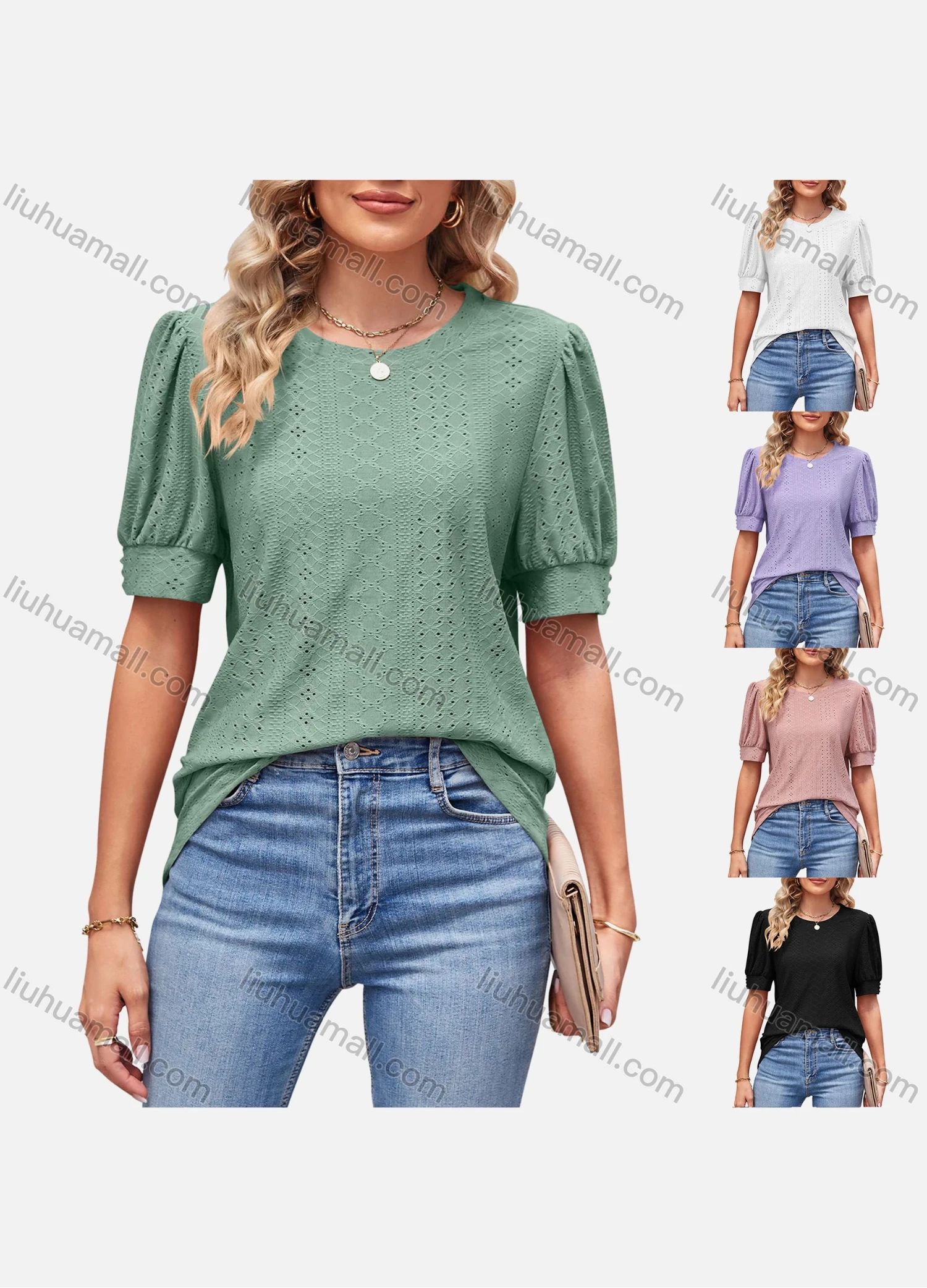 Wholesale Women's Casual Plain Round Neck Short Sleeve Blouse 8153# - Liuhuamall