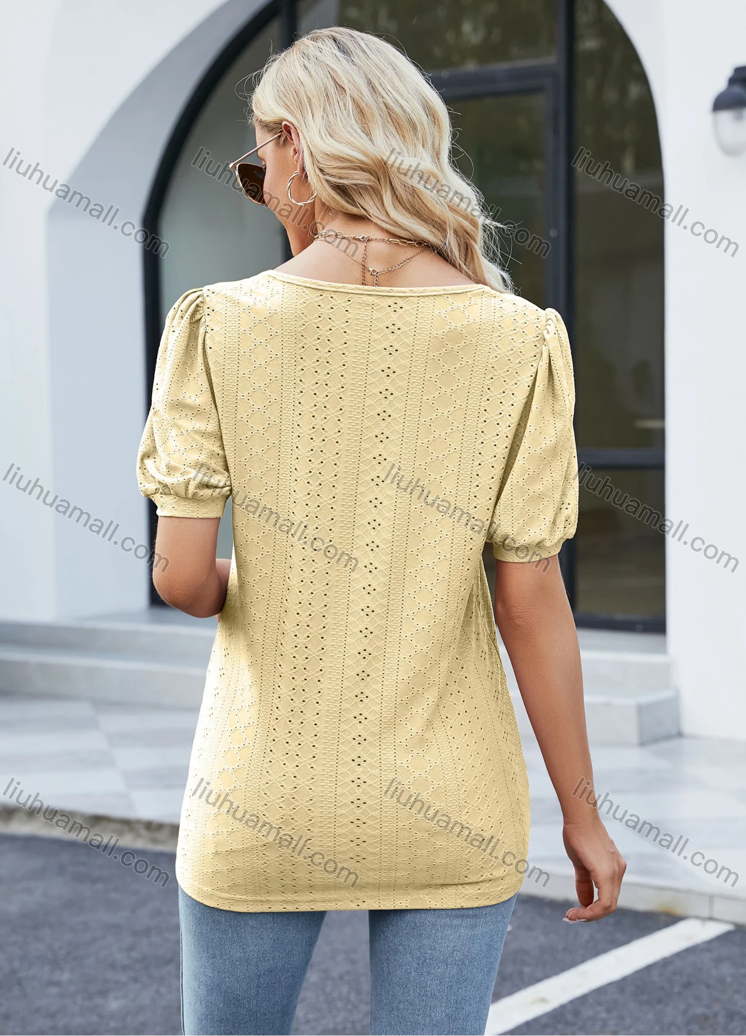 Wholesale Women's Casual Plain Square Neck Short Sleeve Blouse 8155# - Liuhuamall
