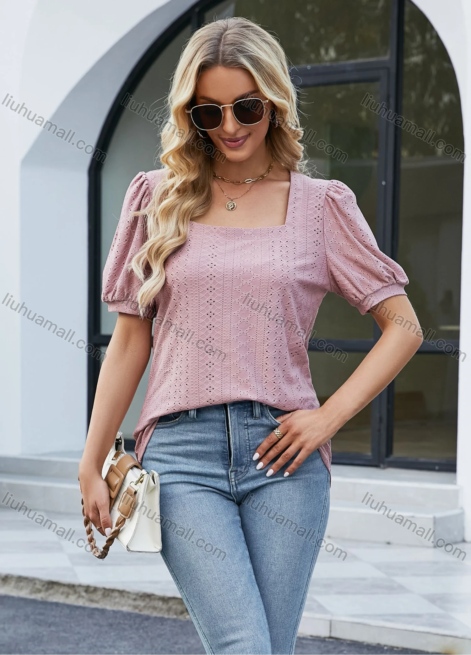 Wholesale Women's Casual Plain Square Neck Short Sleeve Blouse 8155# - Liuhuamall