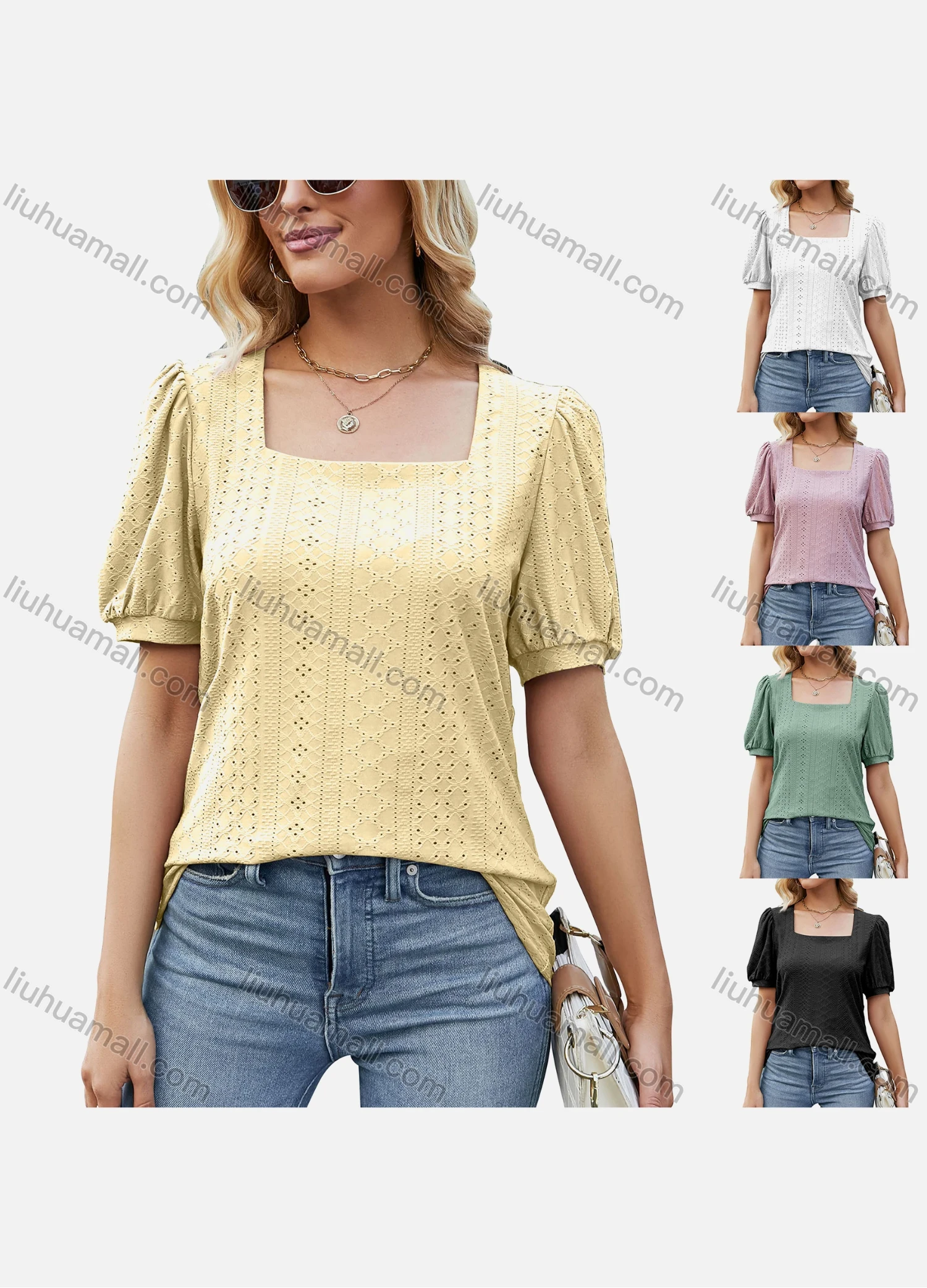 Wholesale Women's Casual Plain Square Neck Short Sleeve Blouse 8155# - Liuhuamall