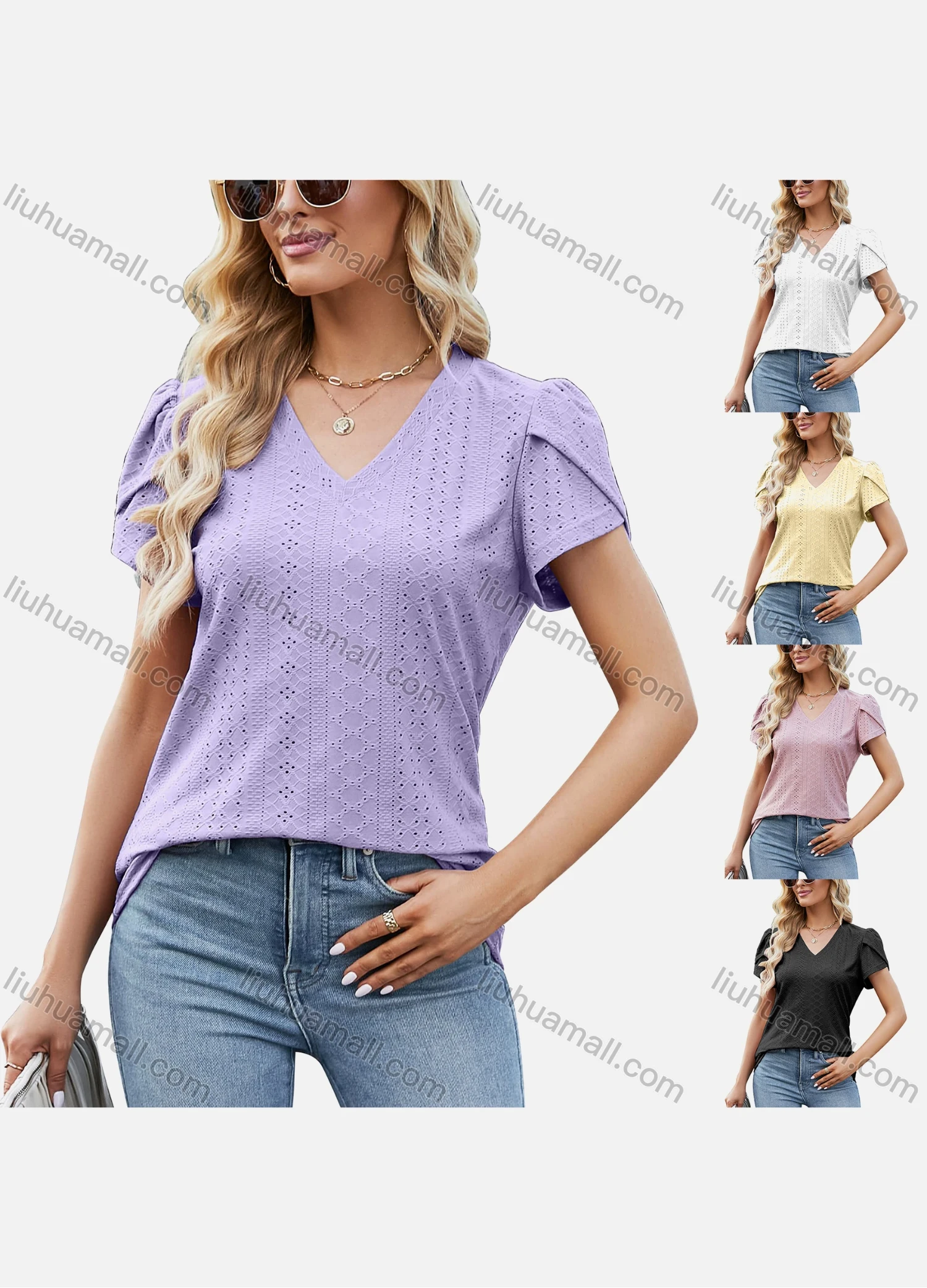 Wholesale Women's Casual Plain V Neck Short Sleeve Blouse 8156# - Liuhuamall