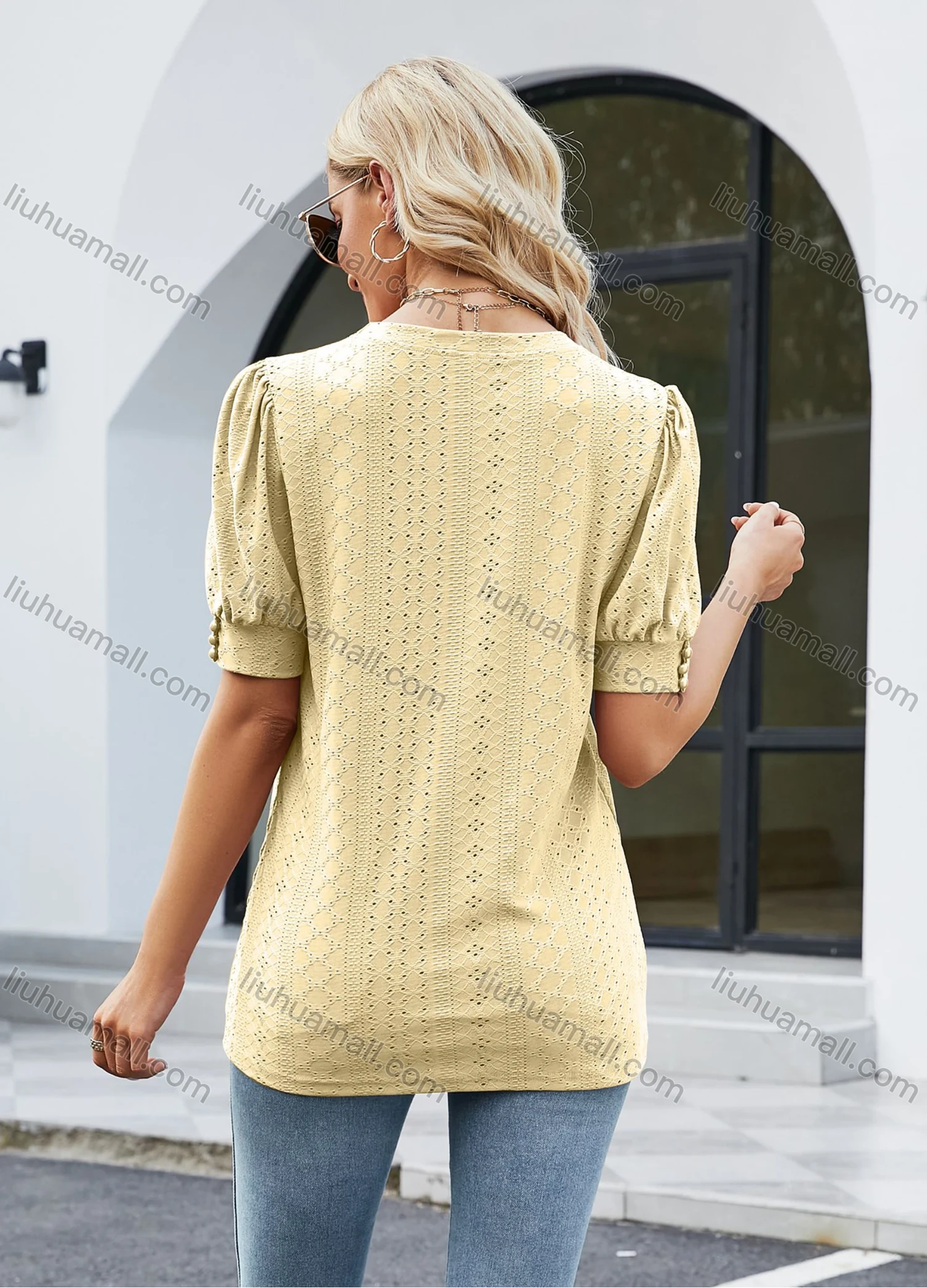 Wholesale Women's Casual Plain Notched Neck Short Sleeve Blouse 8157# - Liuhuamall