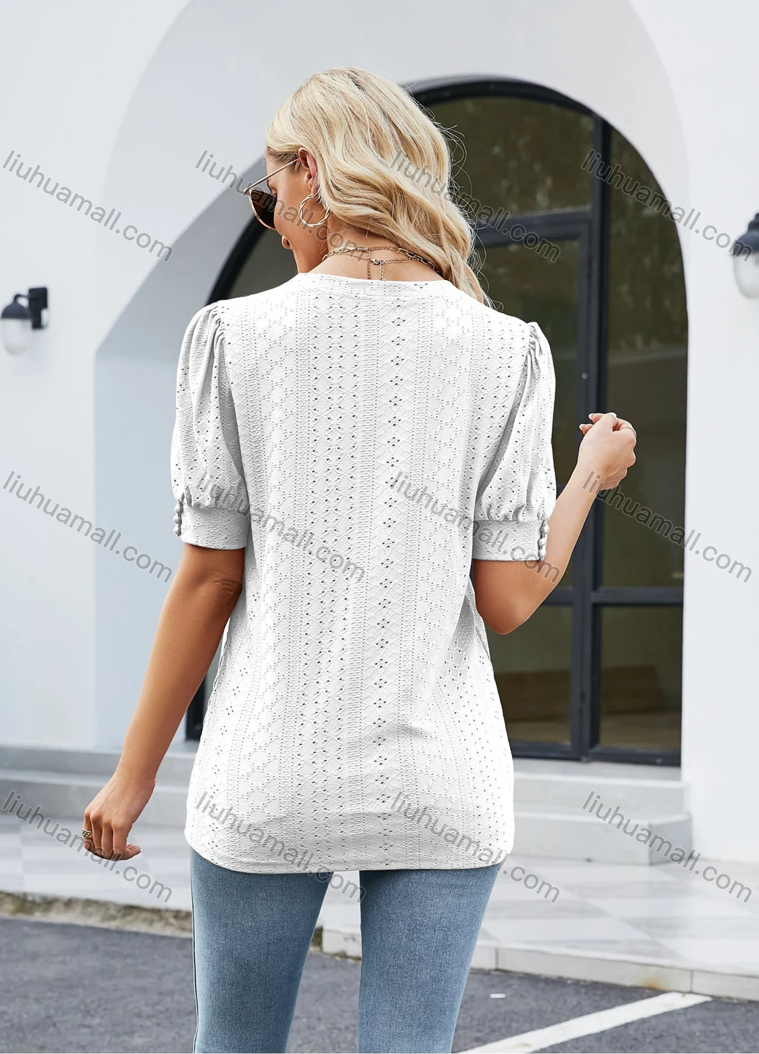 Wholesale Women's Casual Plain Notched Neck Short Sleeve Blouse 8157# - Liuhuamall