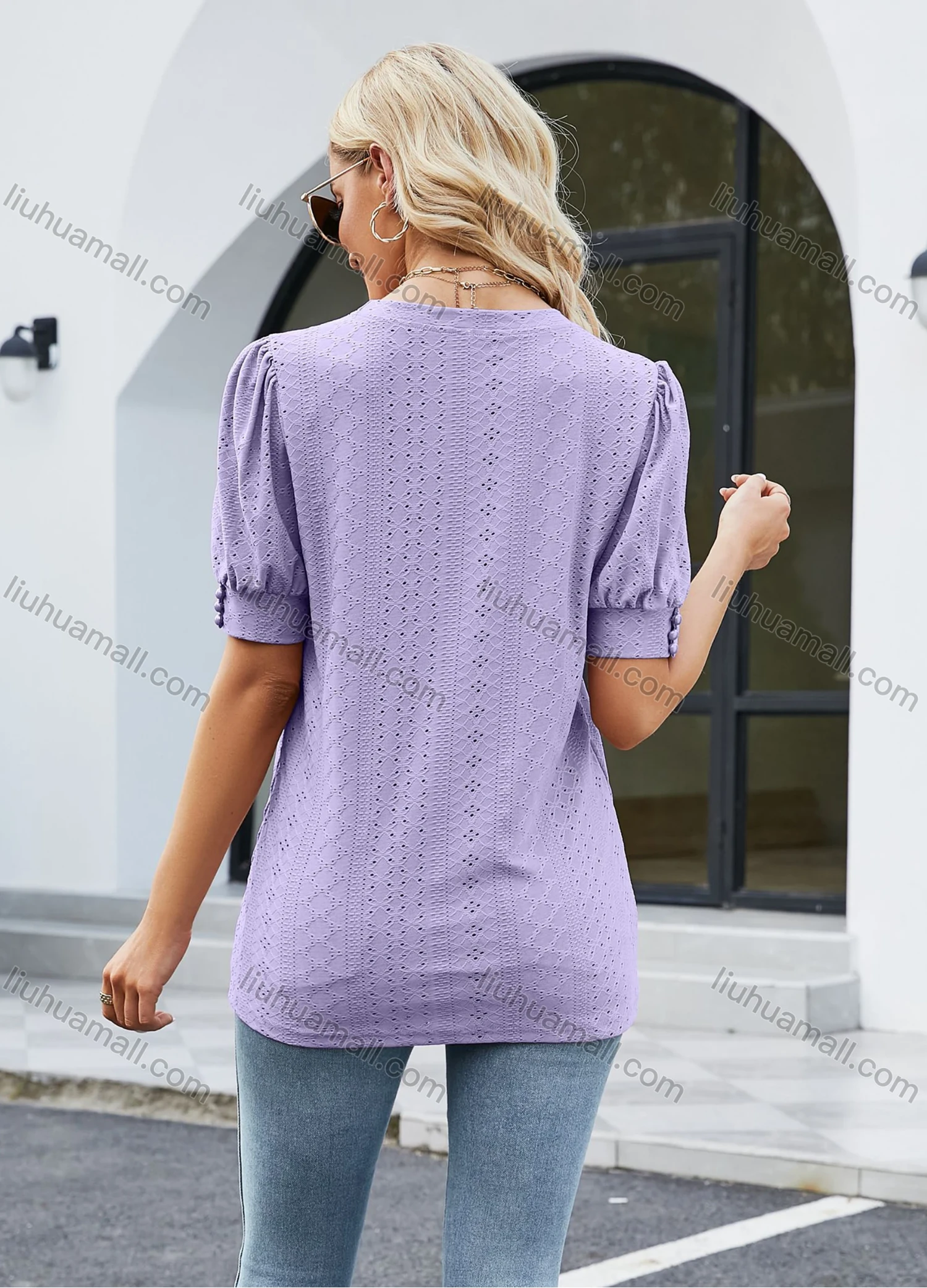 Wholesale Women's Casual Plain Notched Neck Short Sleeve Blouse 8157# - Liuhuamall