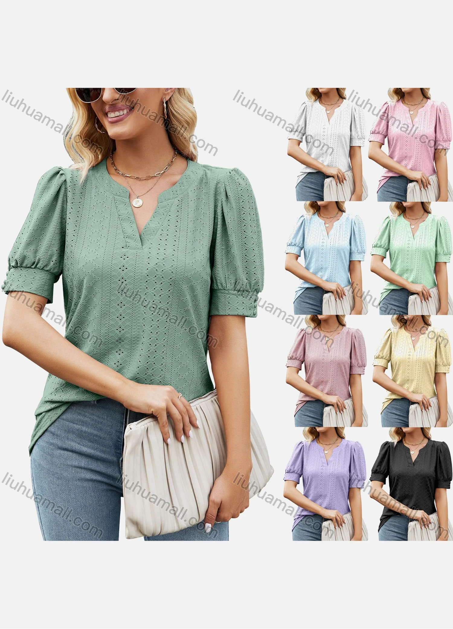 Wholesale Women's Casual Plain Notched Neck Short Sleeve Blouse 8157# - Liuhuamall