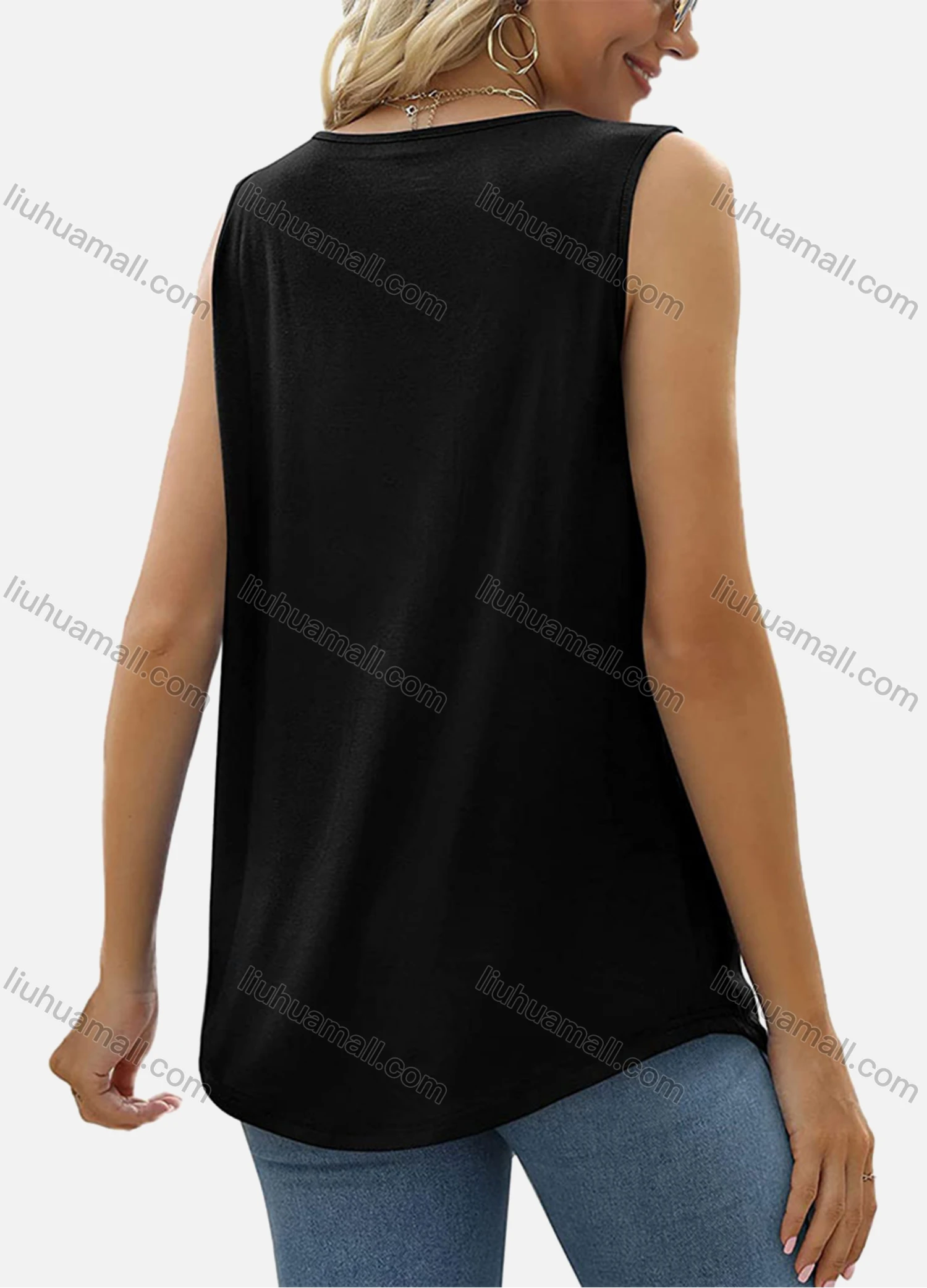 Wholesale Women's Casual Square Neck Plain Ruched Curved Hem Tank Tops 9903# - Liuhuamall