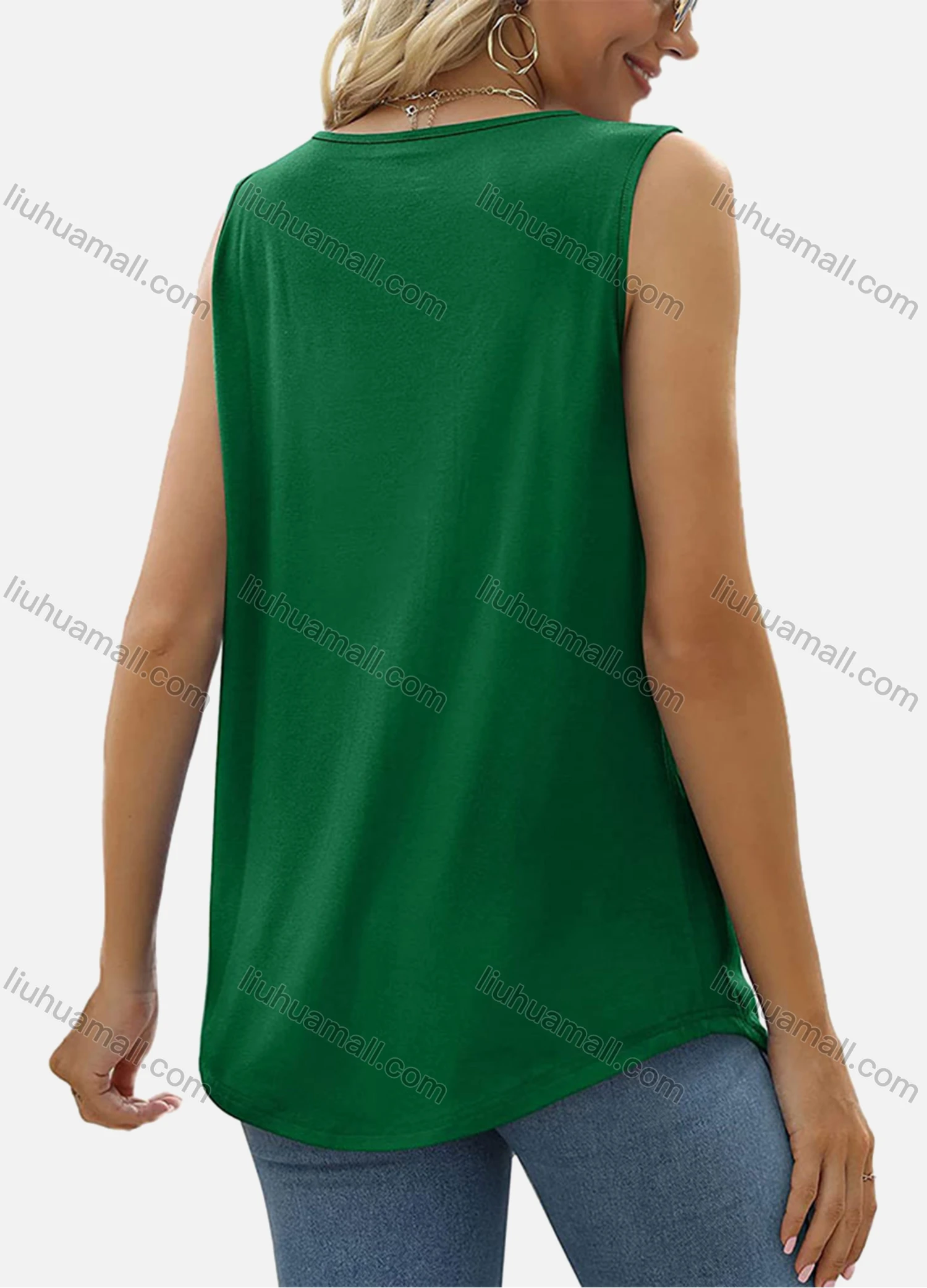 Wholesale Women's Casual Square Neck Plain Ruched Curved Hem Tank Tops 9903# - Liuhuamall