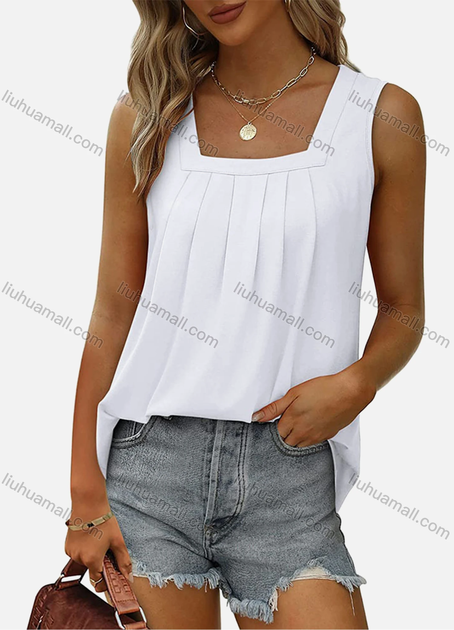 Wholesale Women's Casual Square Neck Plain Ruched Curved Hem Tank Tops 9903# - Liuhuamall