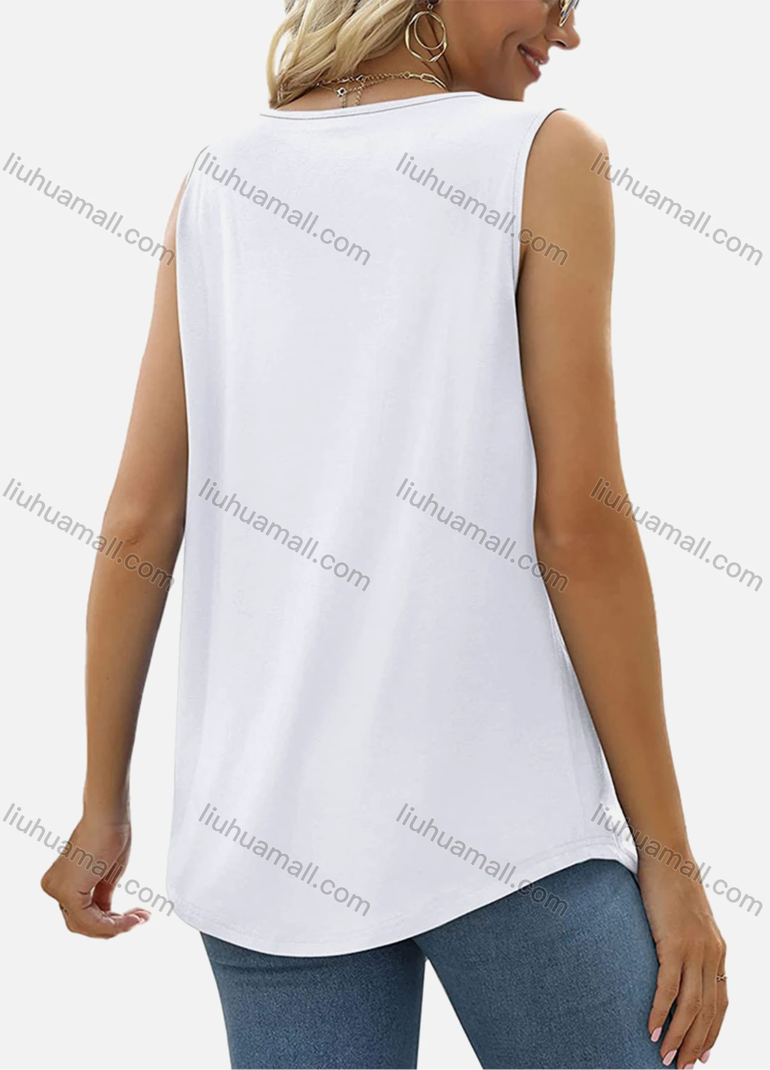 Wholesale Women's Casual Square Neck Plain Ruched Curved Hem Tank Tops 9903# - Liuhuamall