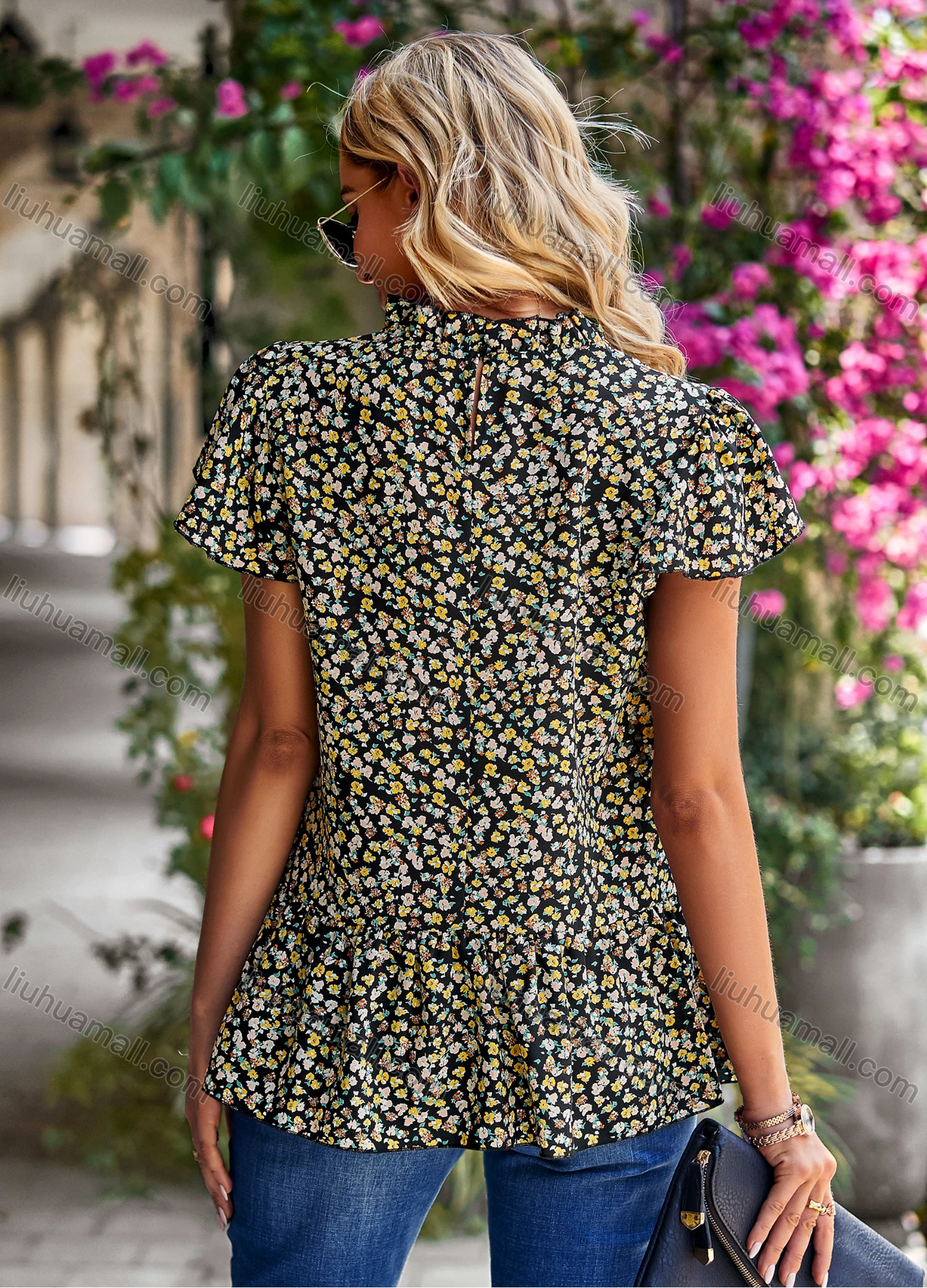 Wholesale Women's Casual Allover Print Mock Neck Short Sleeve Ruffle Hem Blouse 2312017# - Liuhuamall