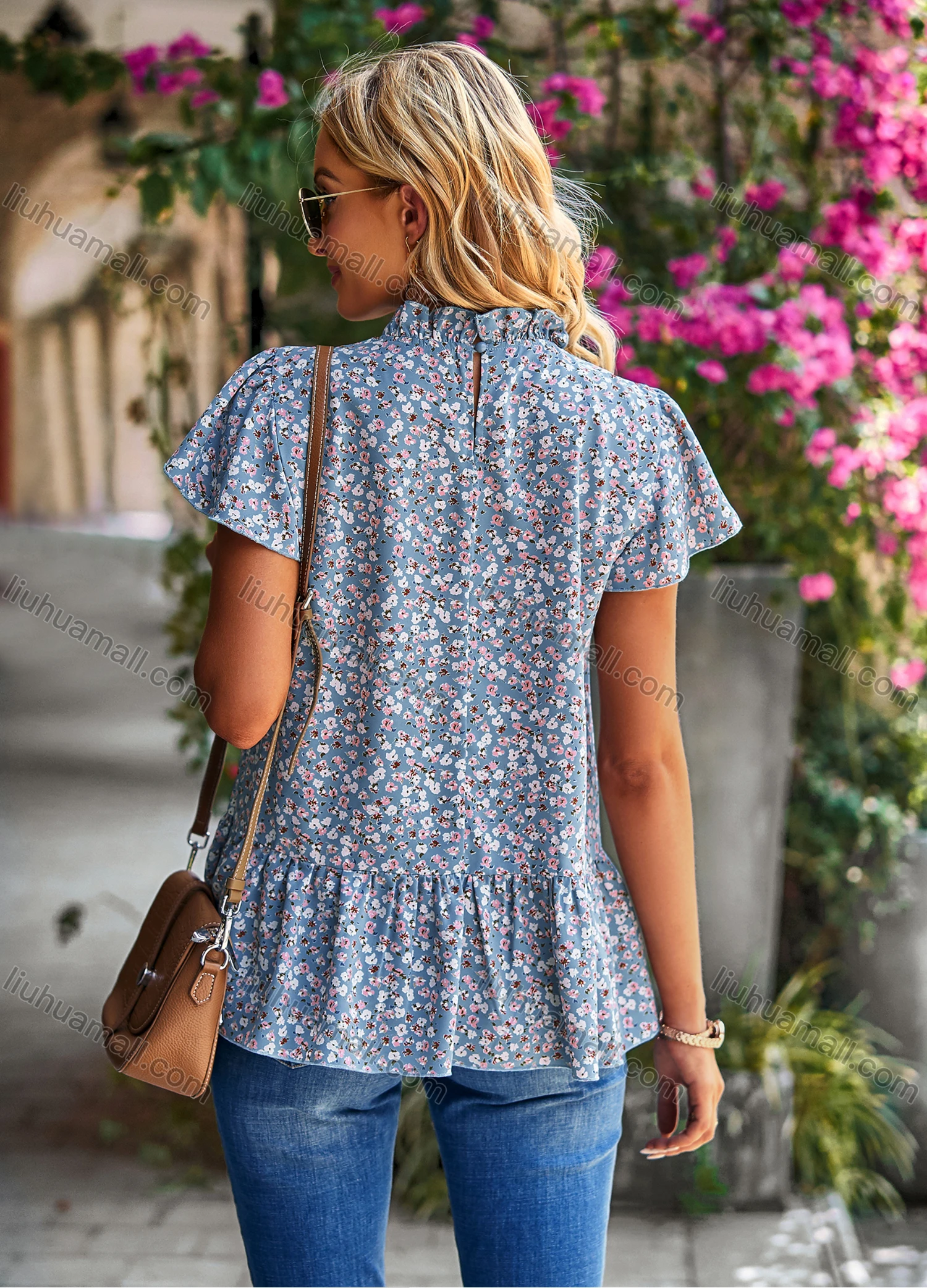 Wholesale Women's Casual Allover Print Mock Neck Short Sleeve Ruffle Hem Blouse 2312017# - Liuhuamall