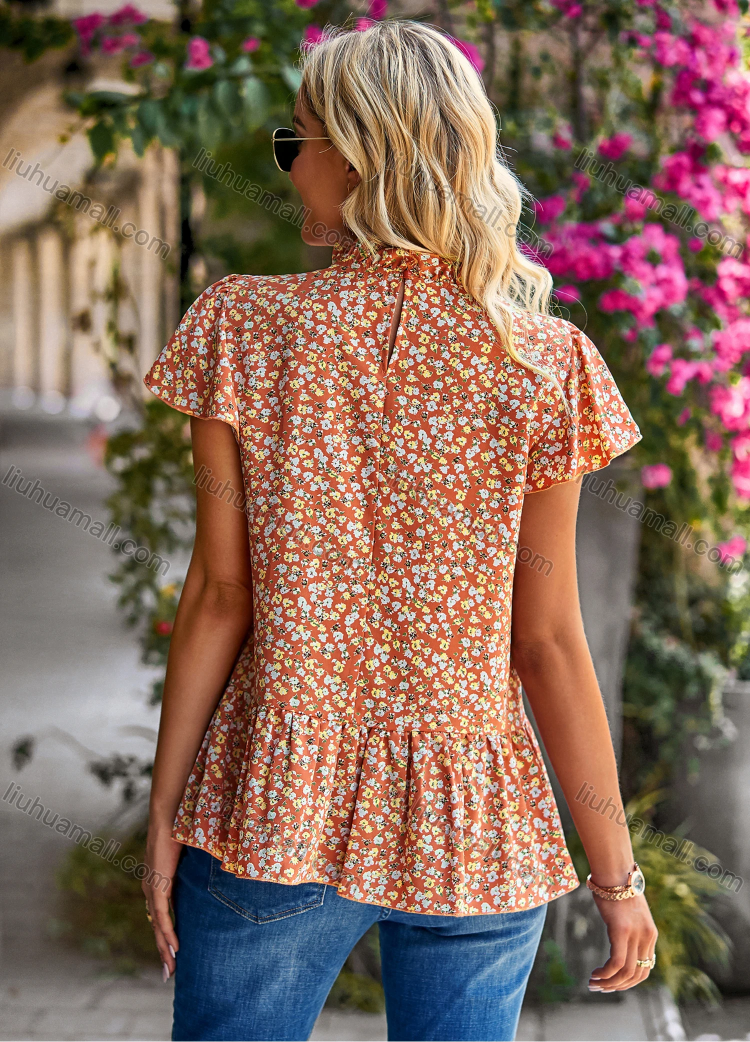 Wholesale Women's Casual Allover Print Mock Neck Short Sleeve Ruffle Hem Blouse 2312017# - Liuhuamall