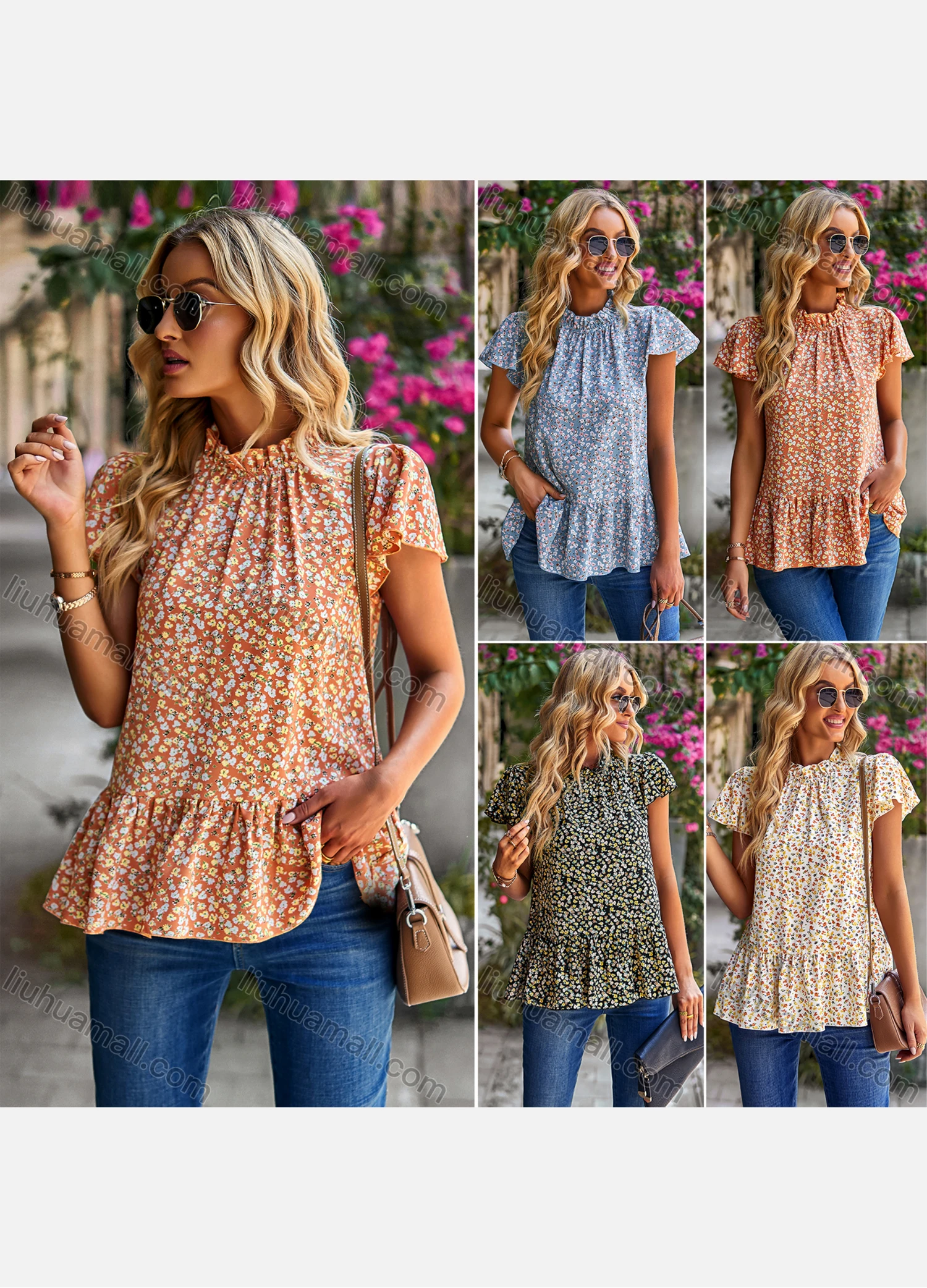 Wholesale Women's Casual Allover Print Mock Neck Short Sleeve Ruffle Hem Blouse 2312017# - Liuhuamall