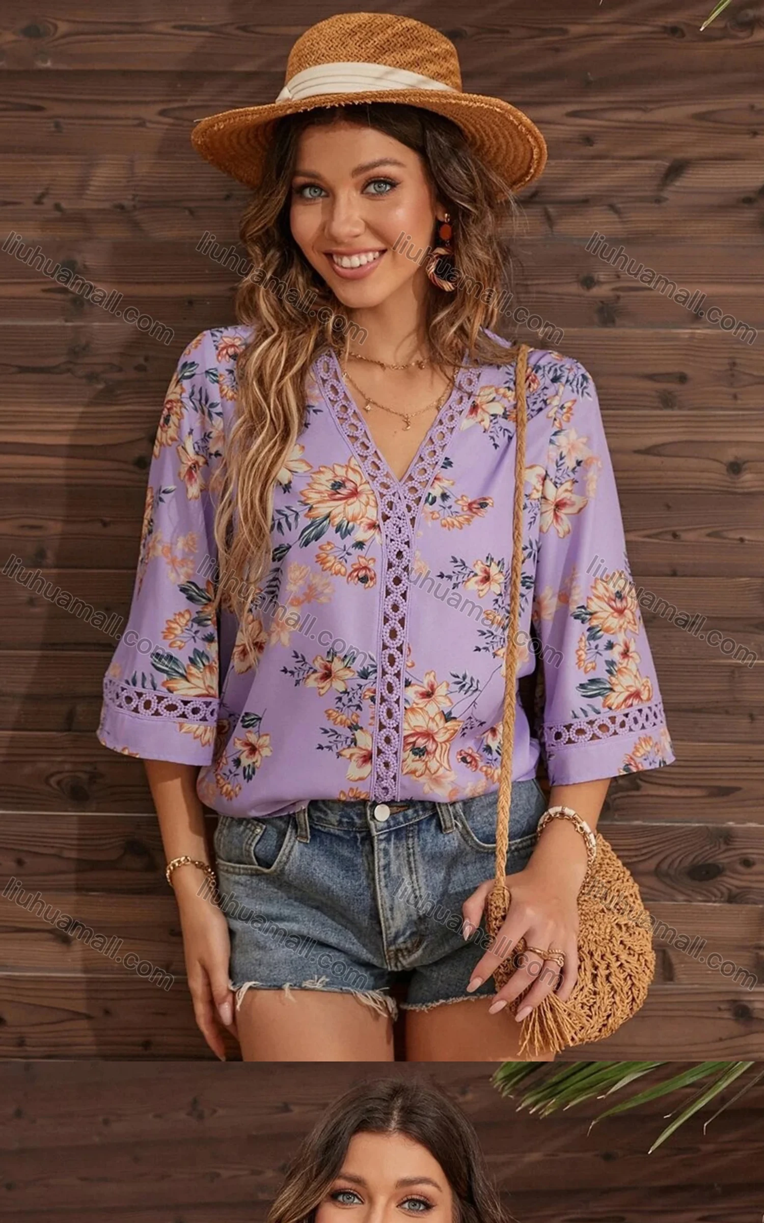 Wholesale Women's Boho V Neck 3/4 Sleeve Floral Hollow Out Blouse - Liuhuamall
