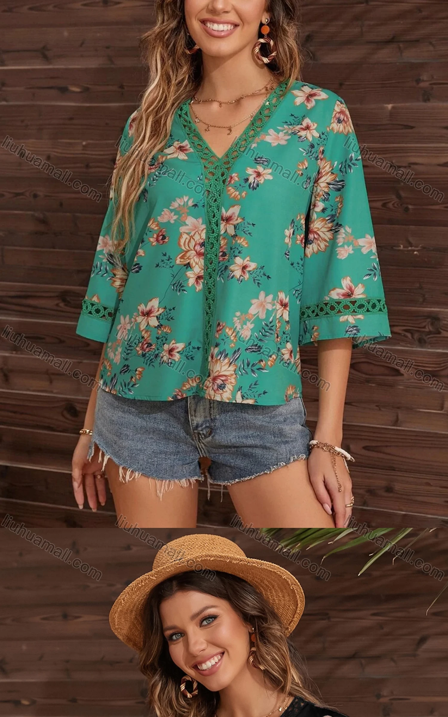 Wholesale Women's Boho V Neck 3/4 Sleeve Floral Hollow Out Blouse - Liuhuamall