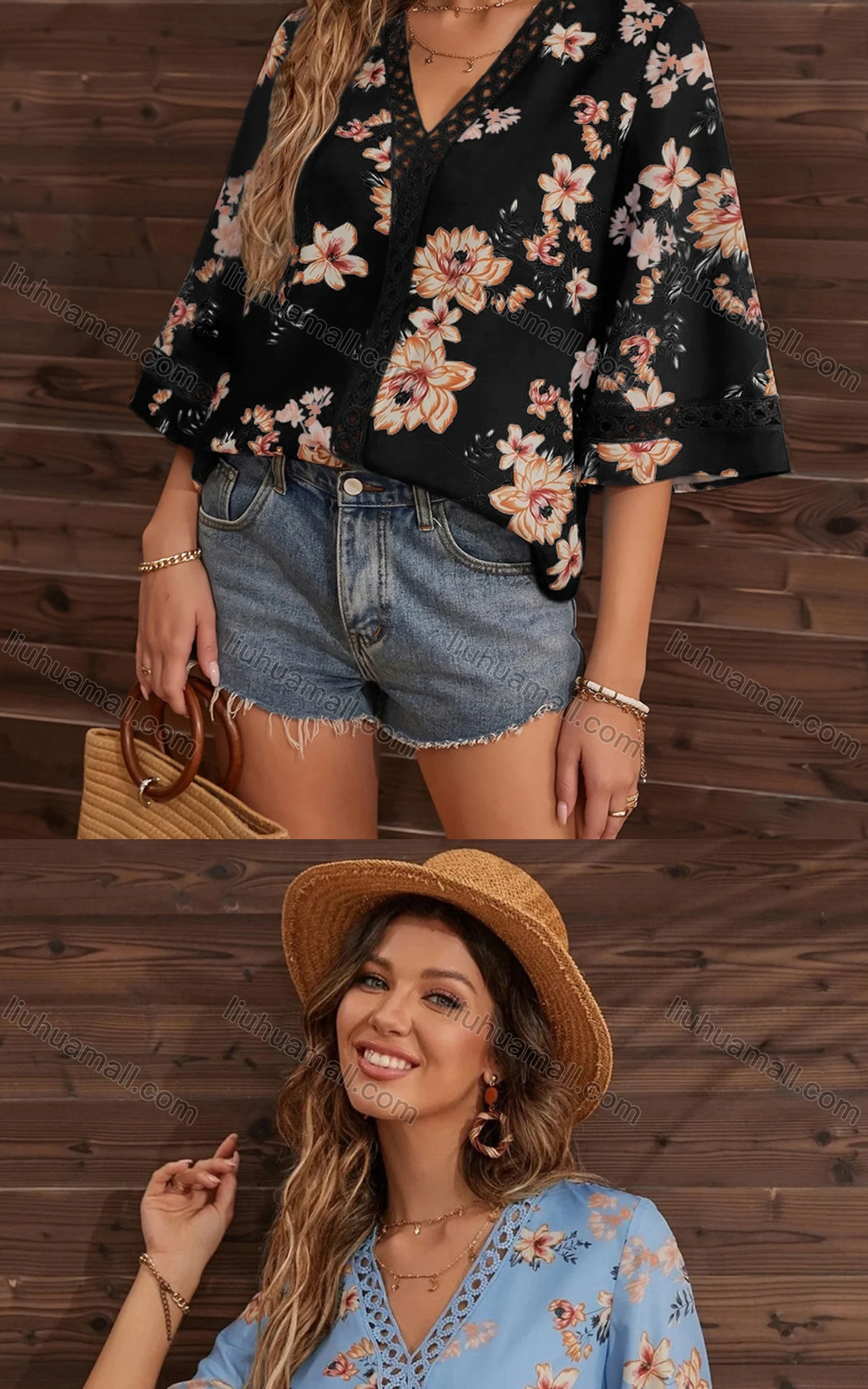 Wholesale Women's Boho V Neck 3/4 Sleeve Floral Hollow Out Blouse - Liuhuamall