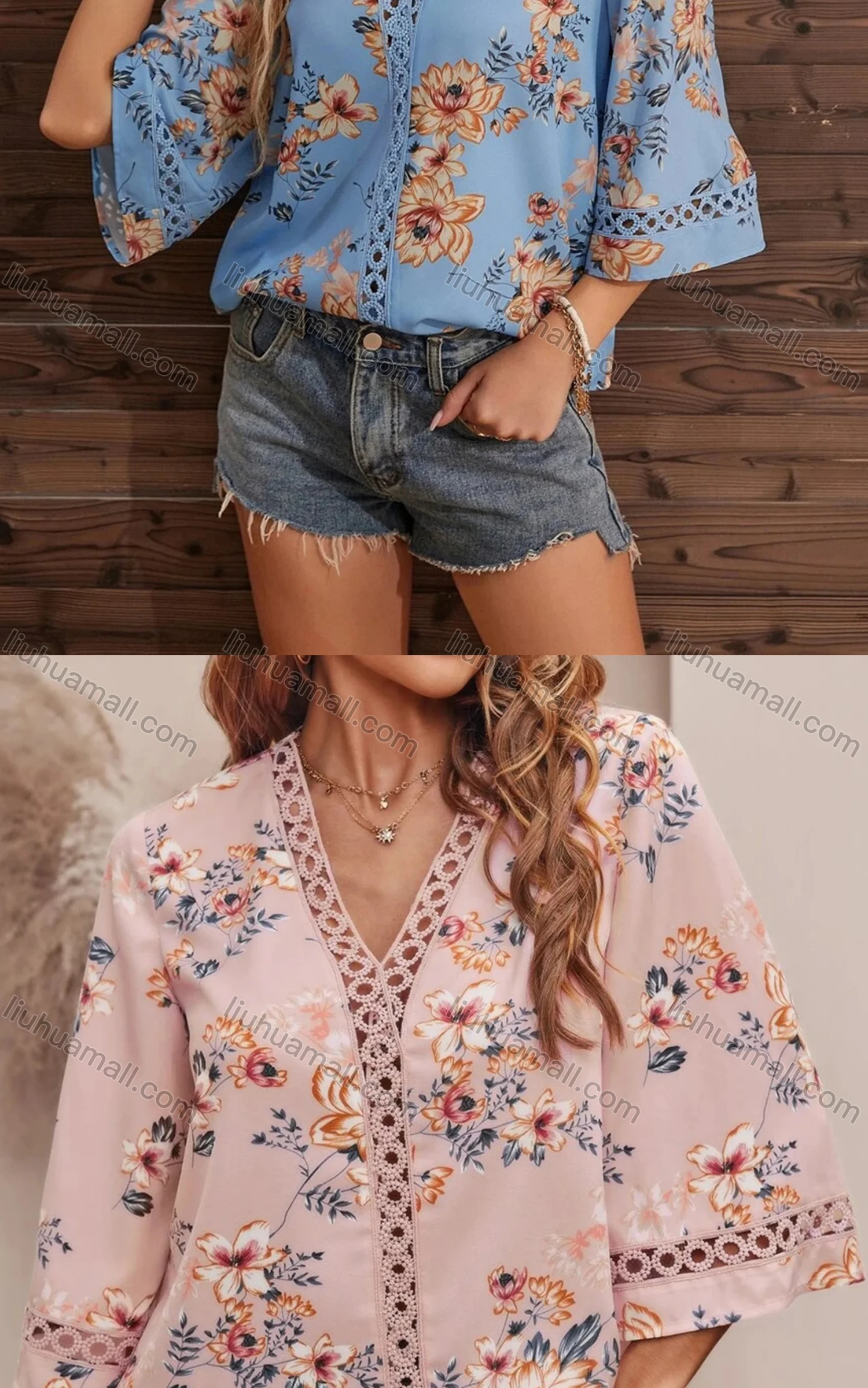 Wholesale Women's Boho V Neck 3/4 Sleeve Floral Hollow Out Blouse - Liuhuamall