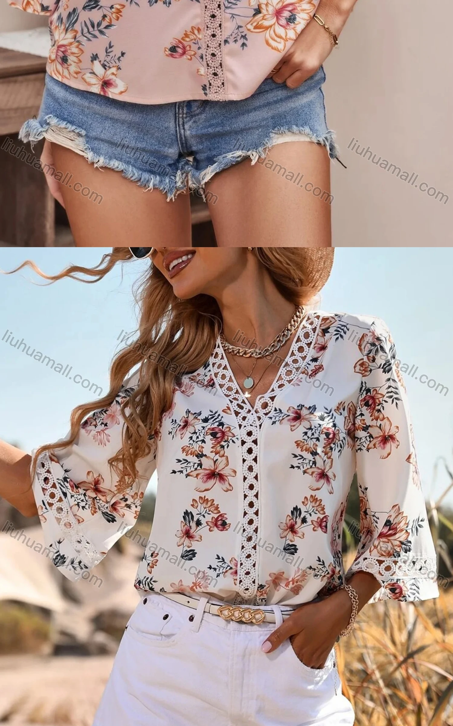 Wholesale Women's Boho V Neck 3/4 Sleeve Floral Hollow Out Blouse - Liuhuamall