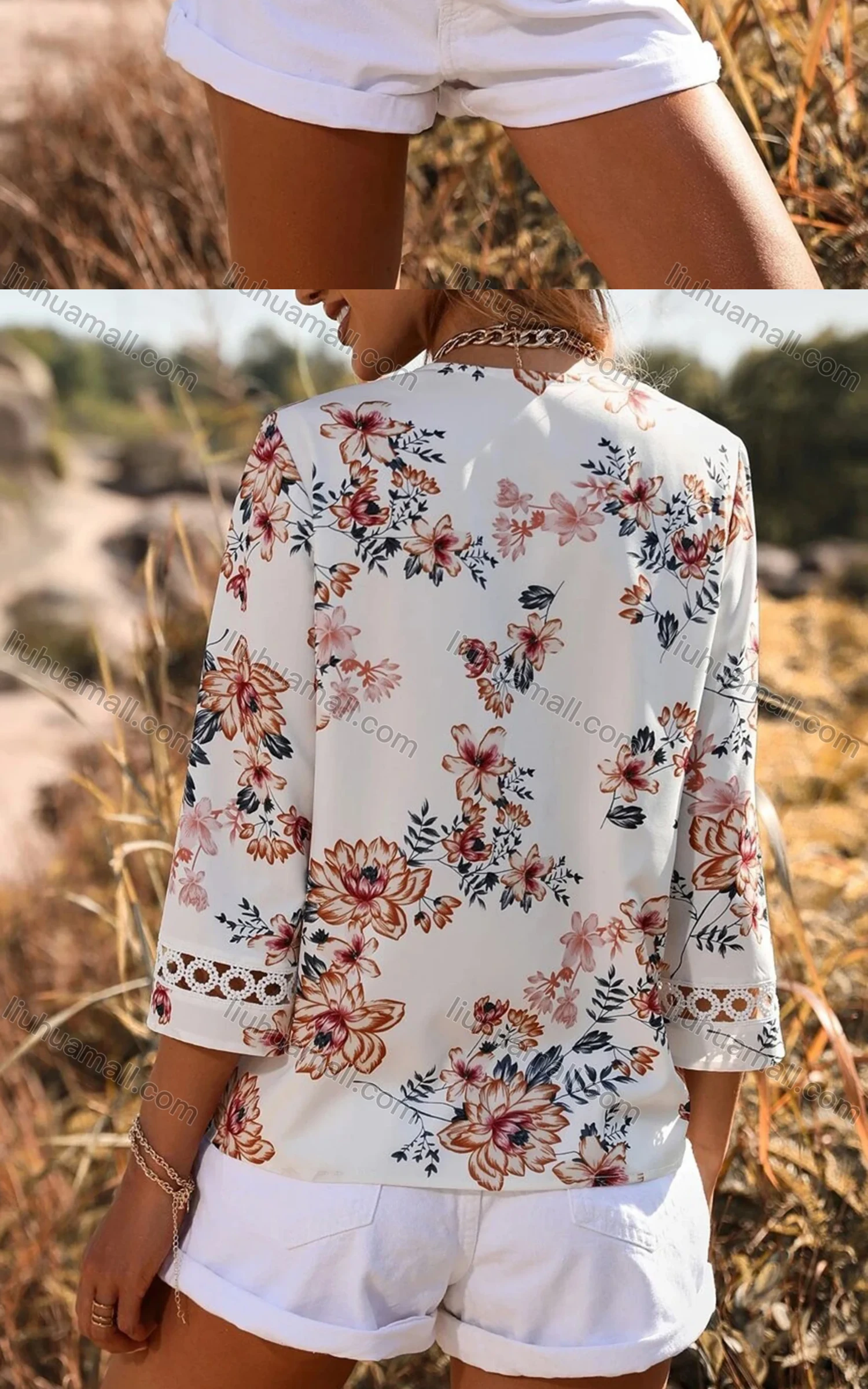 Wholesale Women's Boho V Neck 3/4 Sleeve Floral Hollow Out Blouse - Liuhuamall
