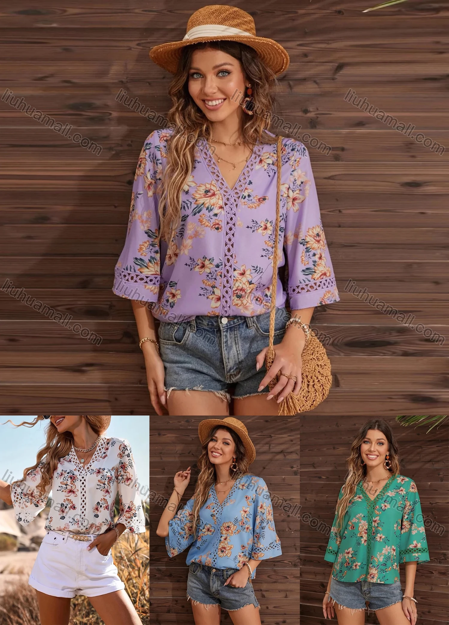 Wholesale Women's Boho V Neck 3/4 Sleeve Floral Hollow Out Blouse - Liuhuamall