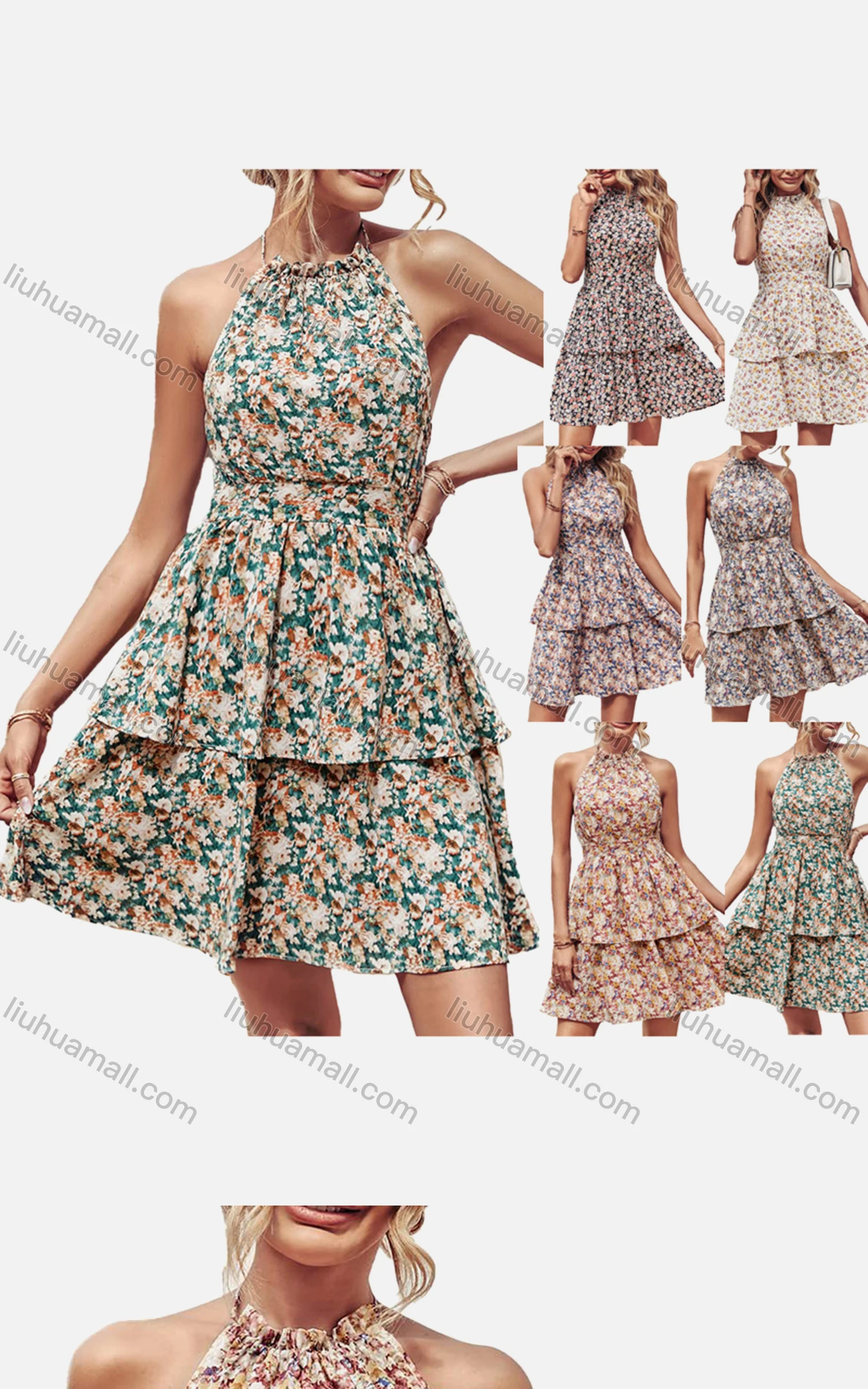 Wholesale Women's Casual Chiffon Shirred Halter Neck Sleeveless Backless Tiered Short Dress - Liuhuamall