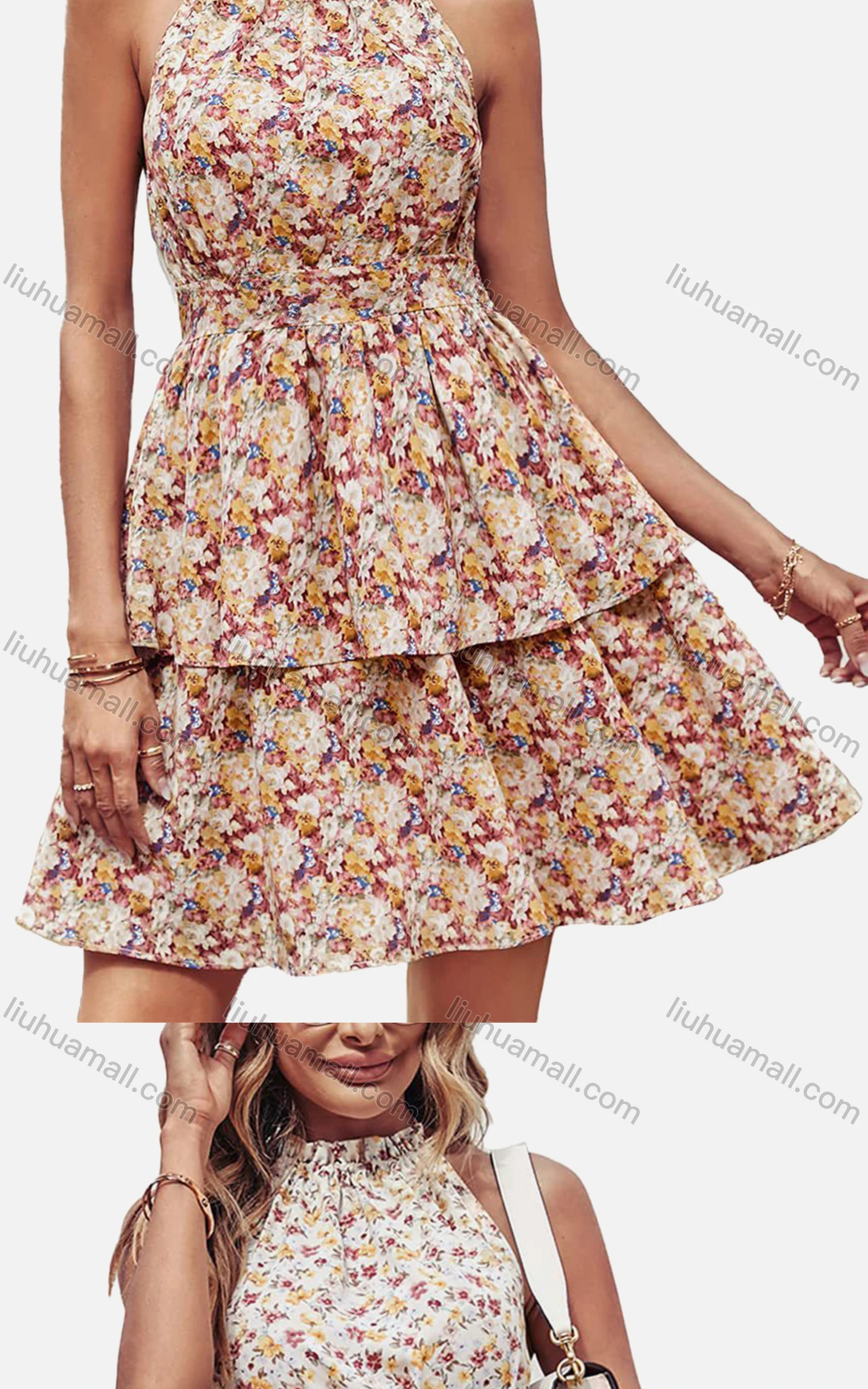 Wholesale Women's Casual Chiffon Shirred Halter Neck Sleeveless Backless Tiered Short Dress - Liuhuamall