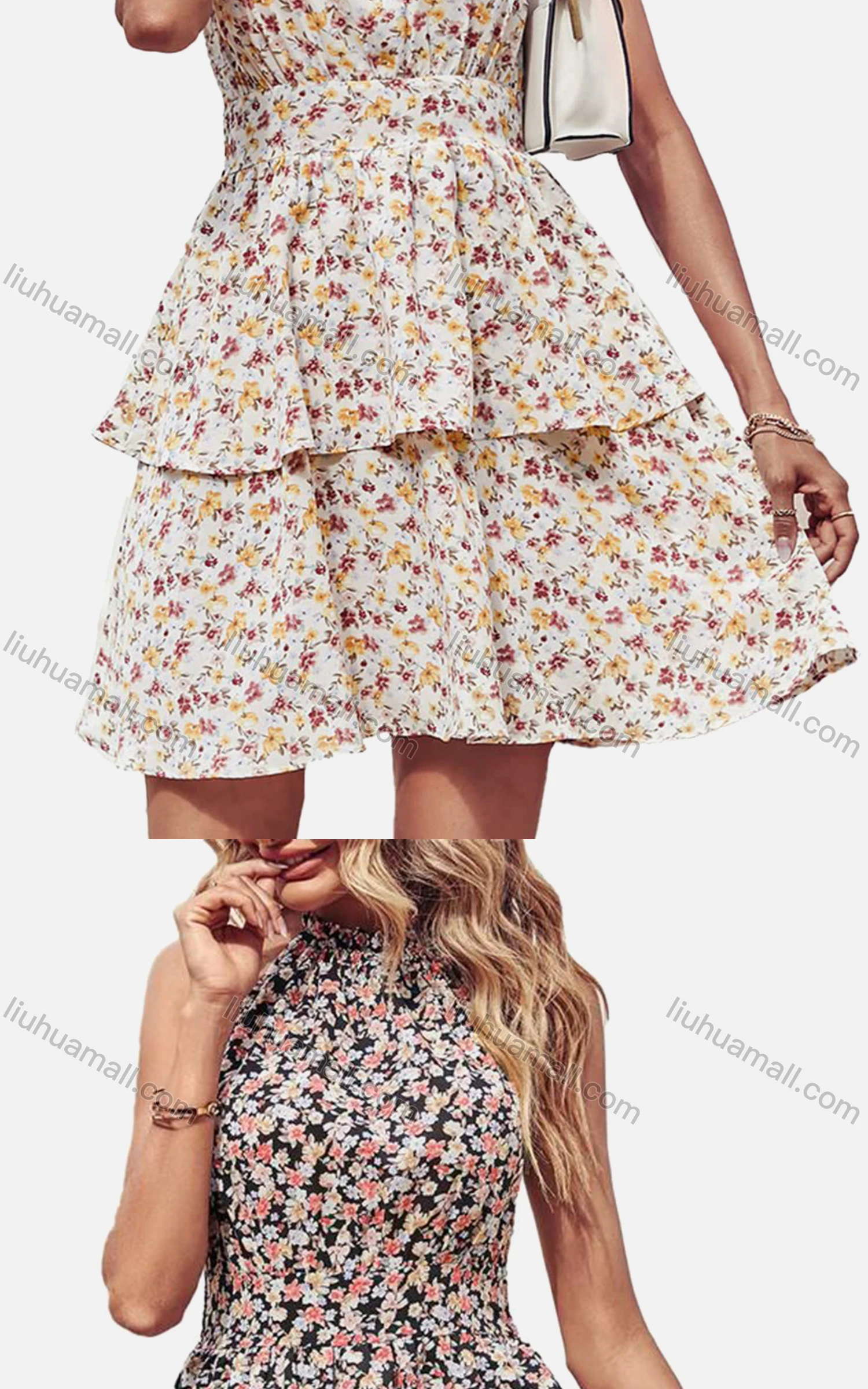 Wholesale Women's Casual Chiffon Shirred Halter Neck Sleeveless Backless Tiered Short Dress - Liuhuamall