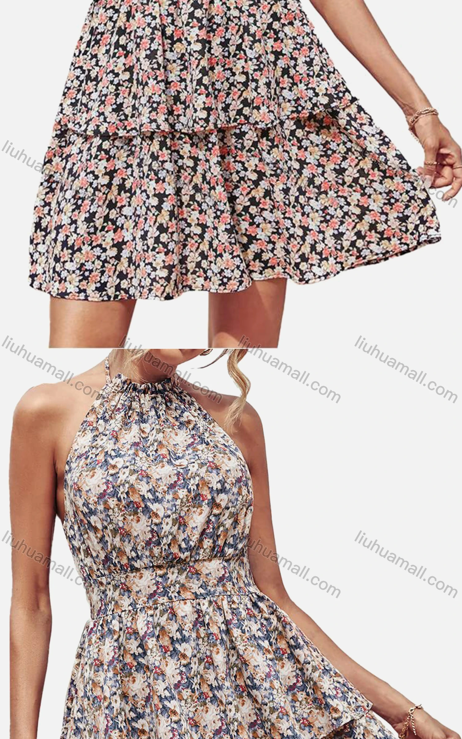 Wholesale Women's Casual Chiffon Shirred Halter Neck Sleeveless Backless Tiered Short Dress - Liuhuamall