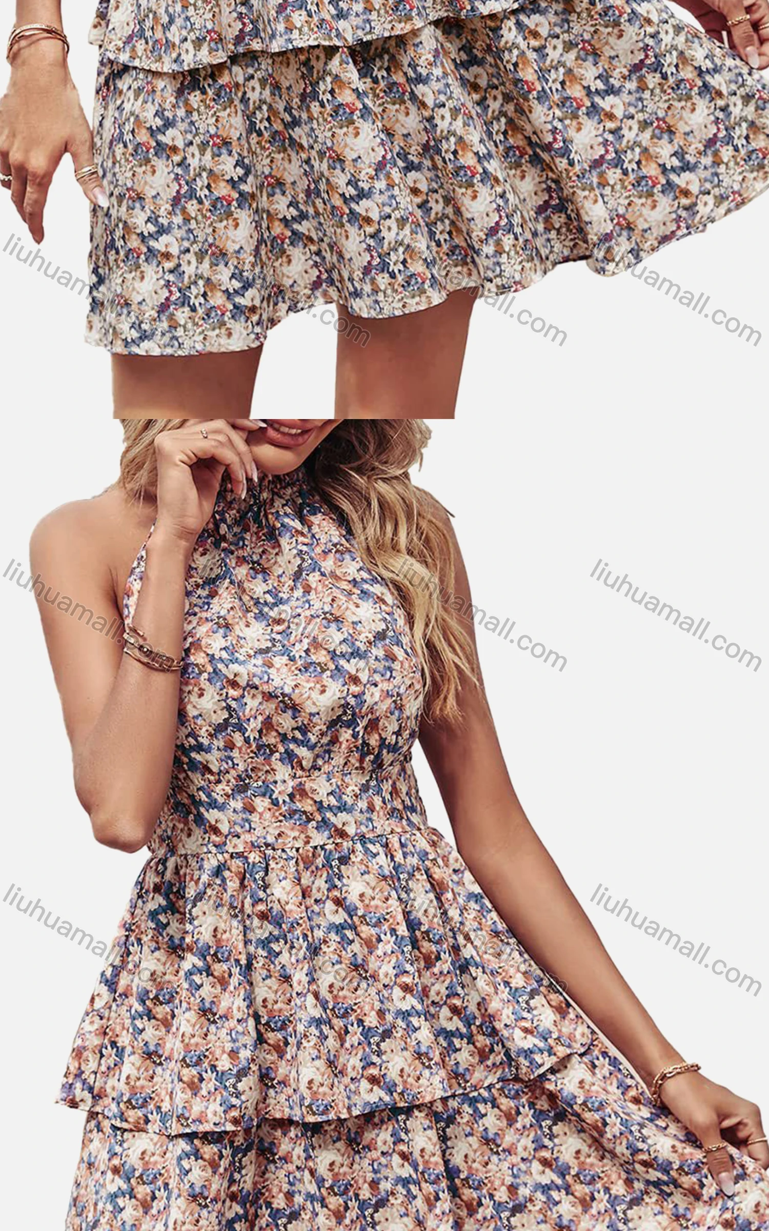 Wholesale Women's Casual Chiffon Shirred Halter Neck Sleeveless Backless Tiered Short Dress - Liuhuamall