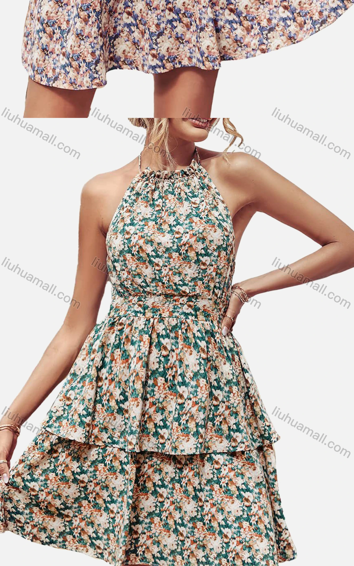 Wholesale Women's Casual Chiffon Shirred Halter Neck Sleeveless Backless Tiered Short Dress - Liuhuamall