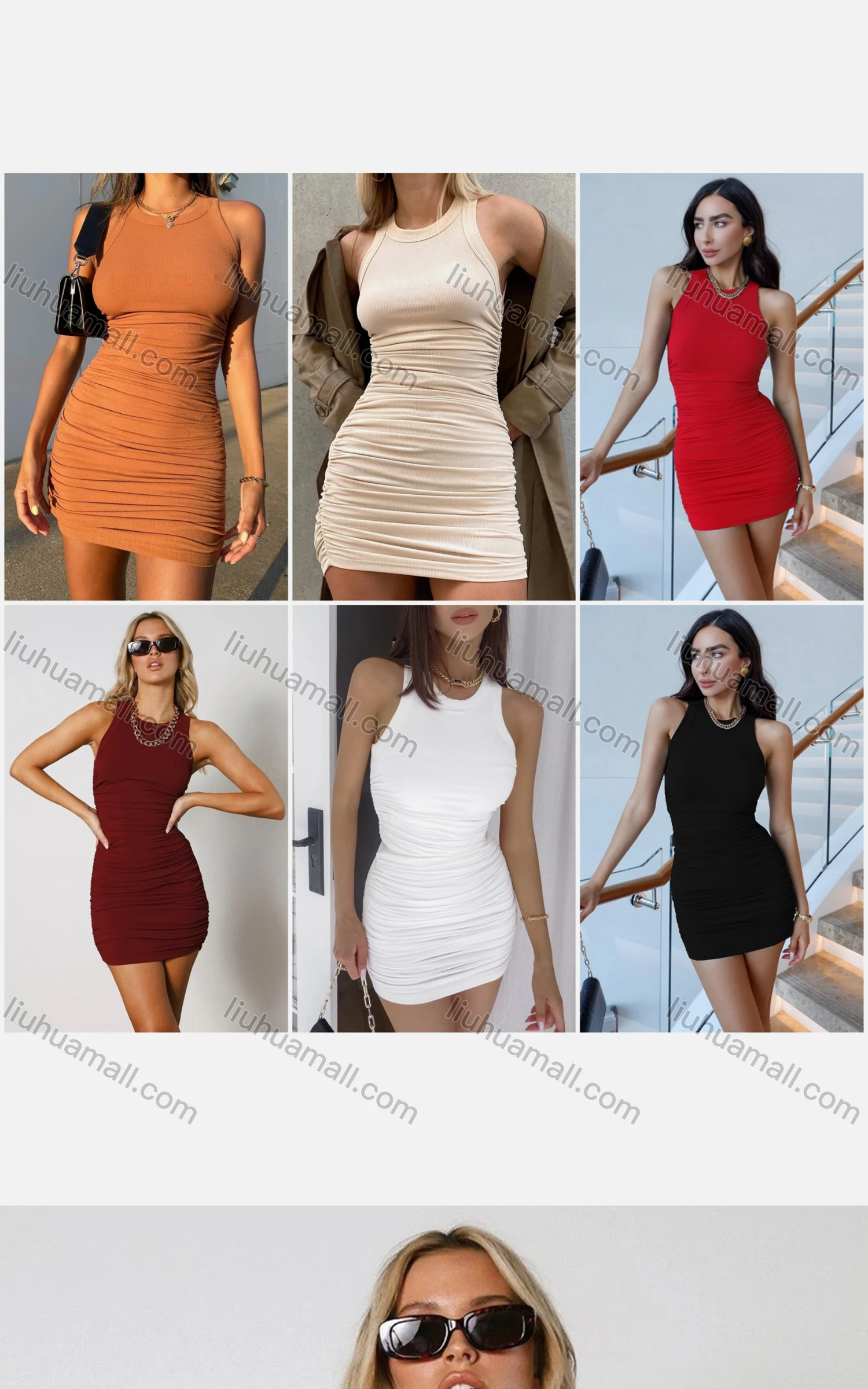 Wholesale Women's Casual Plain Ruched Rib-knit Bodycon Tank Dress - Liuhuamall