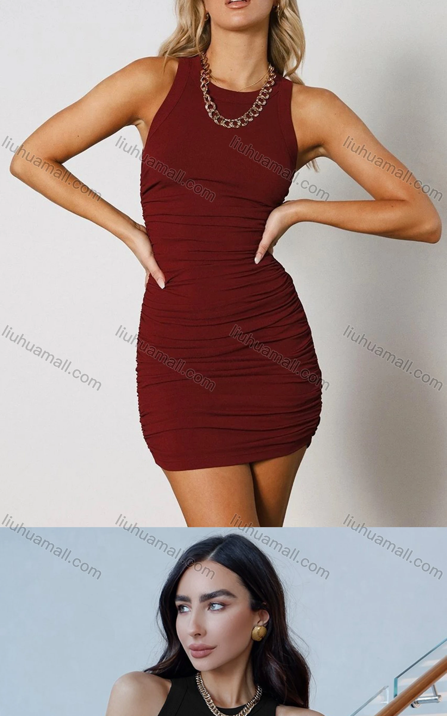 Wholesale Women's Casual Plain Ruched Rib-knit Bodycon Tank Dress - Liuhuamall