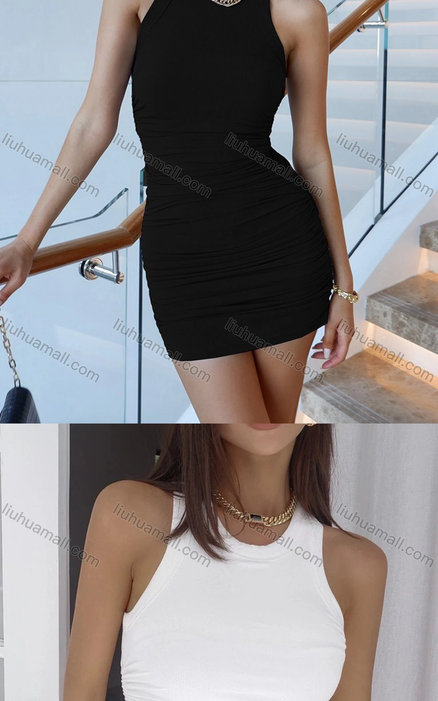 Wholesale Women's Casual Plain Ruched Rib-knit Bodycon Tank Dress - Liuhuamall